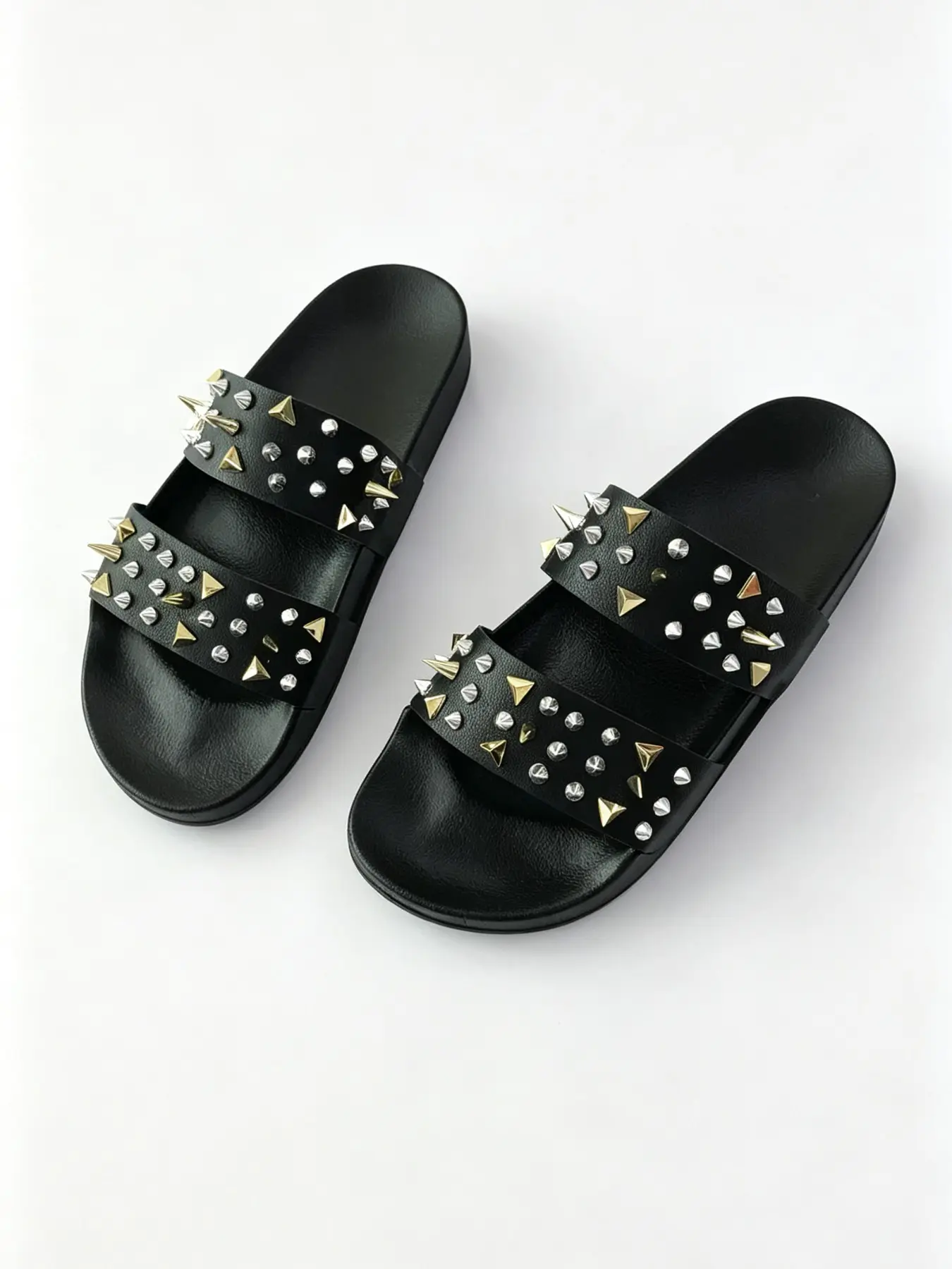 Women Summer Fashion Rivet Decor Open Toe Slide Sandals, Punk Spike Studded Strap Flat Slippers, Soft Thick Sole Beach Shoes
