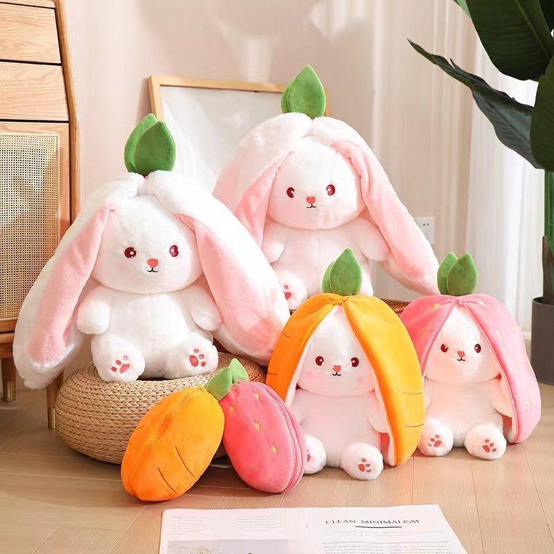 Reversible Strawberry Bunny Plush Toy, 2-in-1 Transformable Cute Rabbit Stuffed Doll, Kawaii Food Animal Plushie Gift for Kids