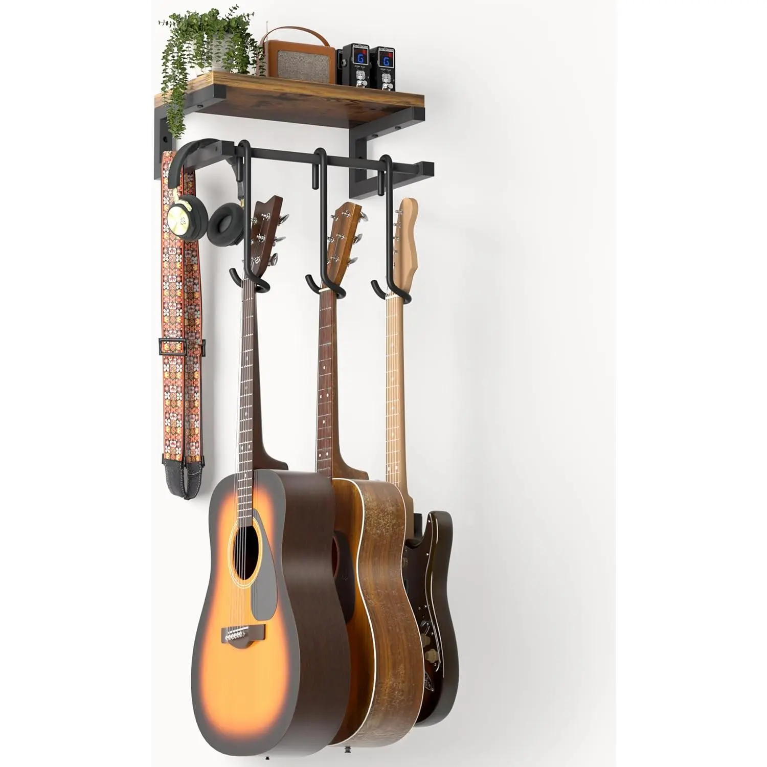 Guitar Wall Mount Hangers Holds 3 Guitars with Rustic Shelf, 3-Detachable Guitar Hooks  Fit for Acoustic, Electric, Bass & Ukulele (Brown)