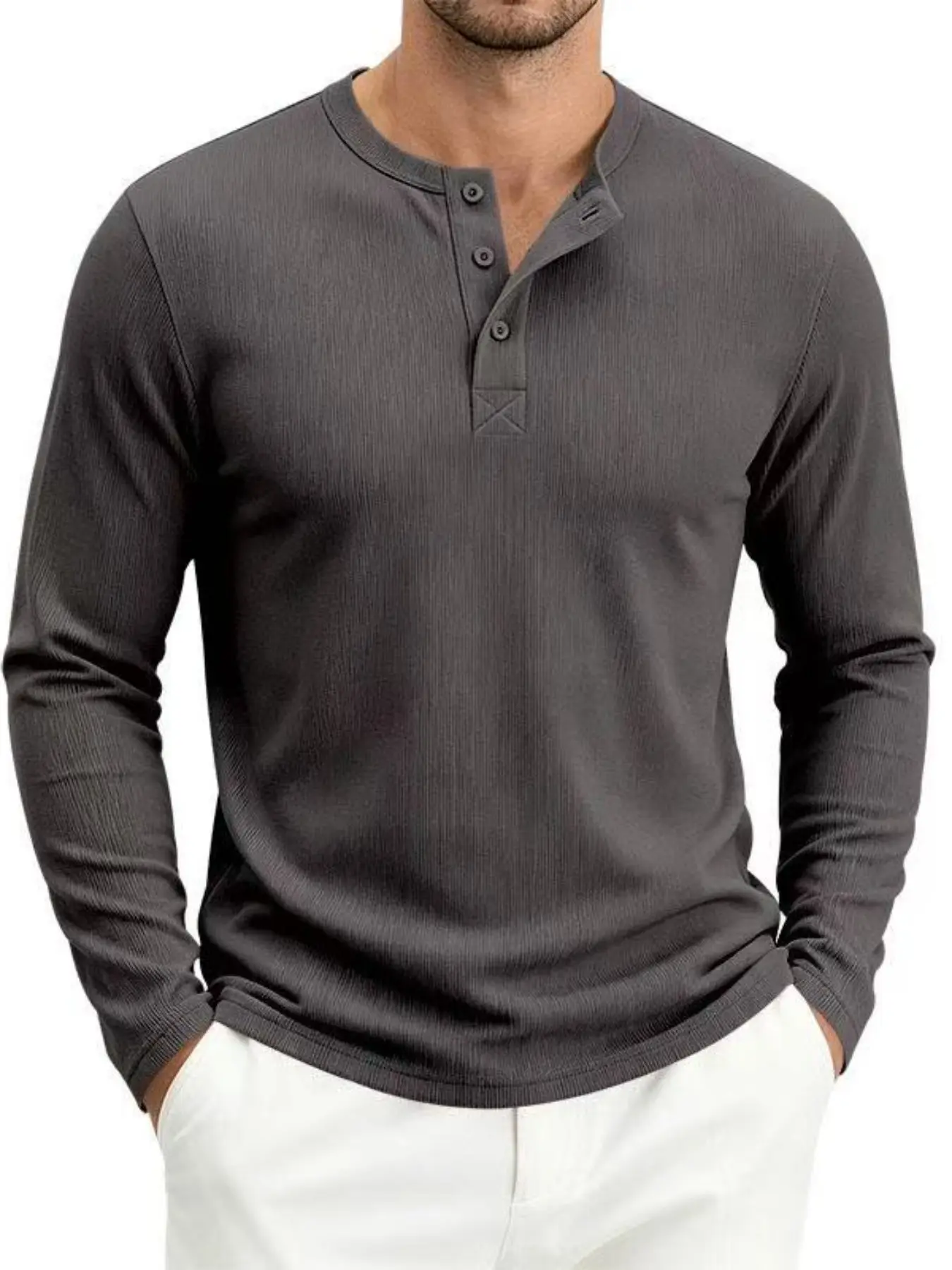 Men's Large Size Long Sleeve Loose Fit Classic Casual Ribbed Breathable Henley T-Shirt, Comfortable and Stylish, Perfect for Daily Wear