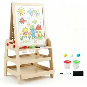 2-in-1 Wooden  Art Easel with Marble Run, Magnetic Whiteboard Standing Easel with Storage Shelves & Accessories
