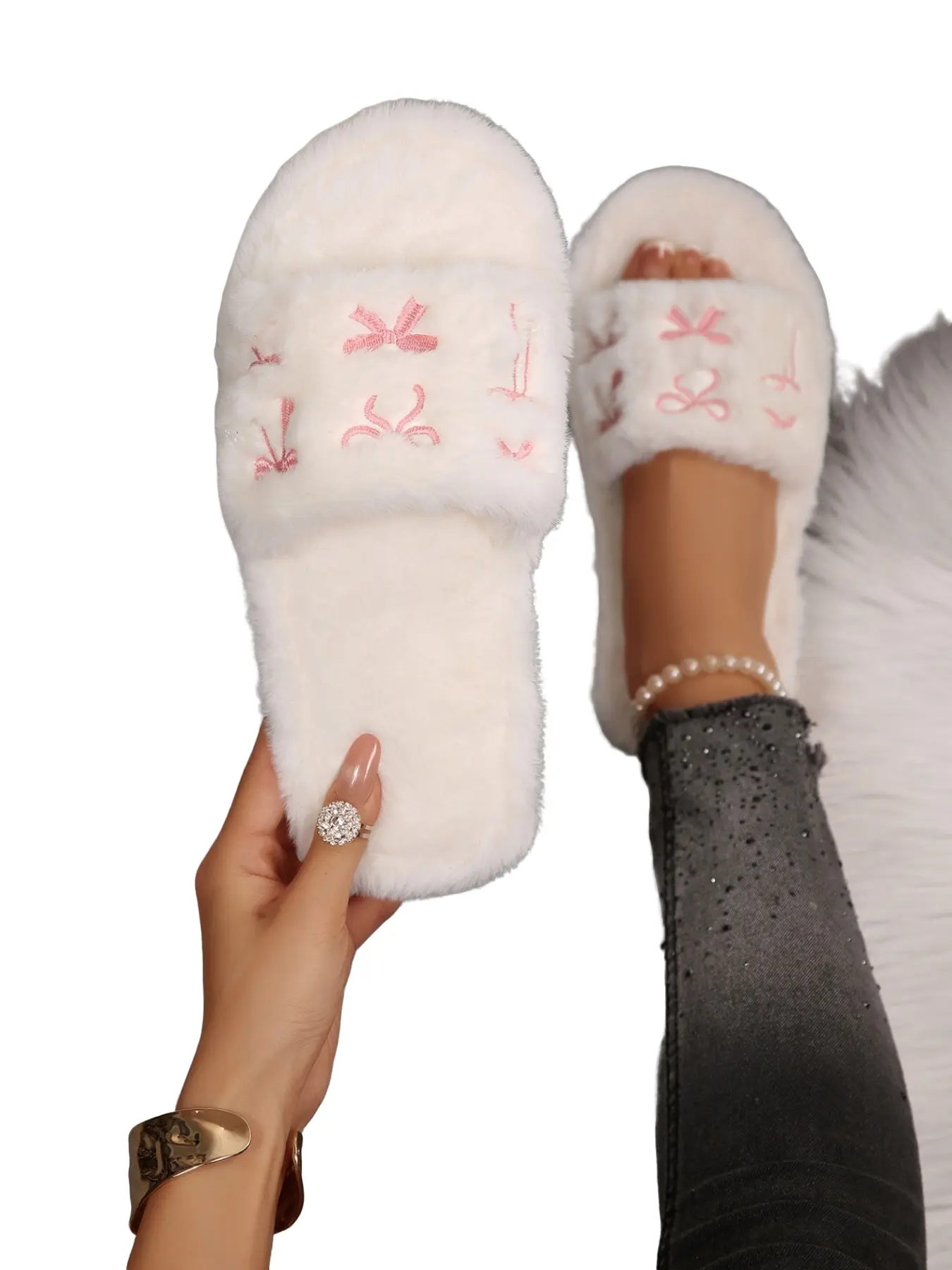 Fashion Women's Open-Toe Plush Slippers, Cute Bow Embroidery Thick Sole, Non-Slip Soft Indoor Bedroom Shoes, Fall Winter Warm Large Size Home Shoes