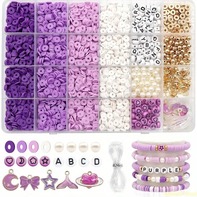Galaxy Purple 3164-Piece Large Capacity Clay Bead Set with Gold Letter Charms & Elastic Cord - Jewelry DIY Crafting Kit for Friendship Bracelets, Bag Accessories, Birthdays & Creative Projects, Crafting Friendship Bracelets, Personalizing Bracelets