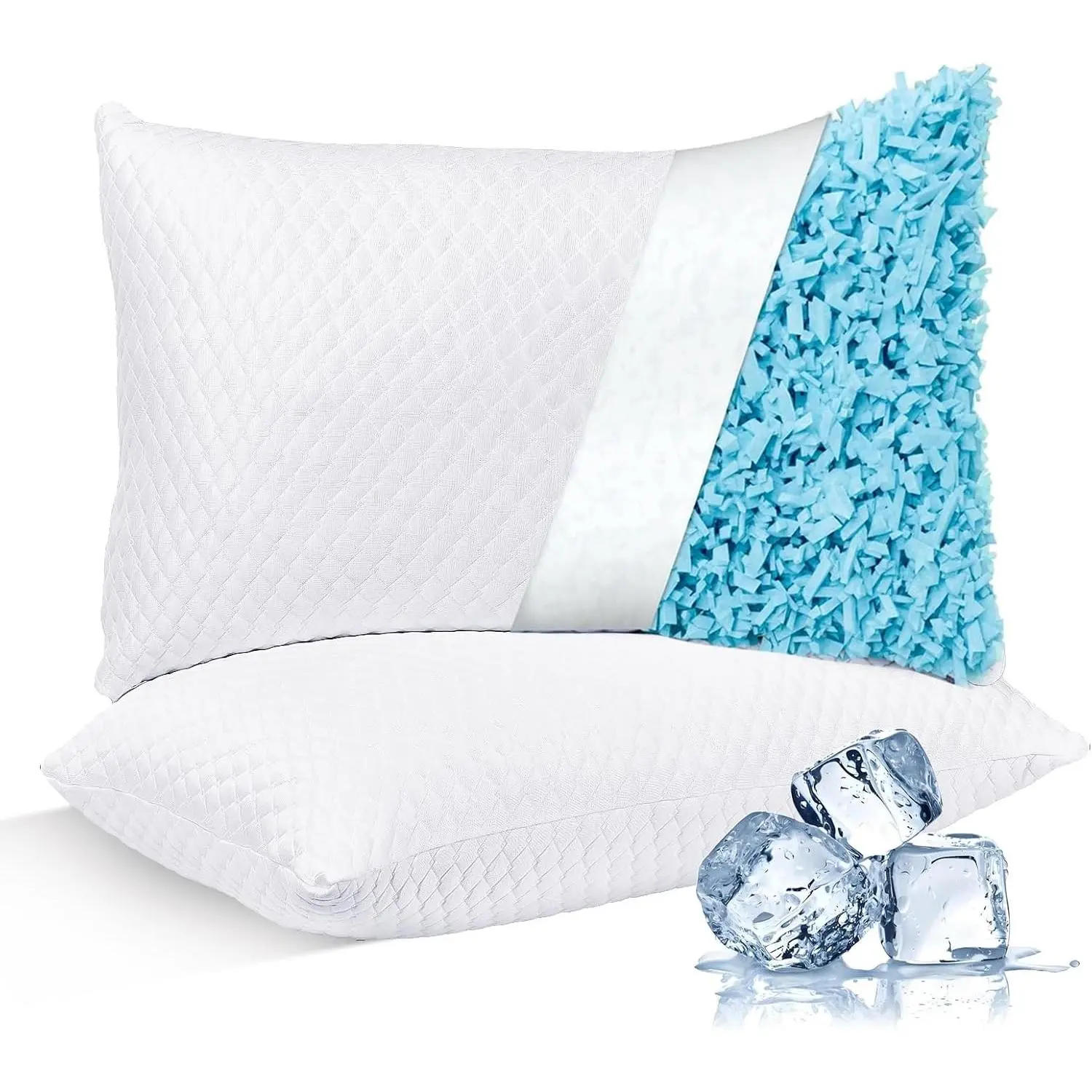 Cooling Bed Pillows Queen Size Pack of 2 for Sleeping Shredded Memory Foam Bed Pillows Adjustable Gel for Side Stomach Back Sleepers Washable Removable Cover Cover