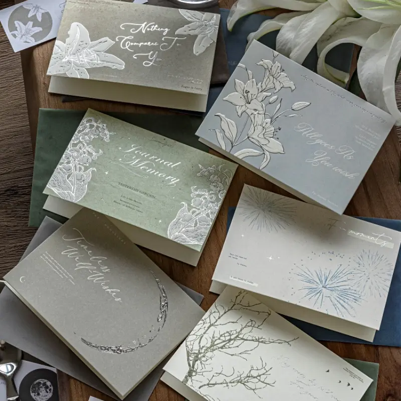 6-Piece Silver Foil Embossed Card & Envelope Set, Minimalist Botanical Greeting Cards for Notes, Thank You, Wedding, Birthday & Everyday Stationery