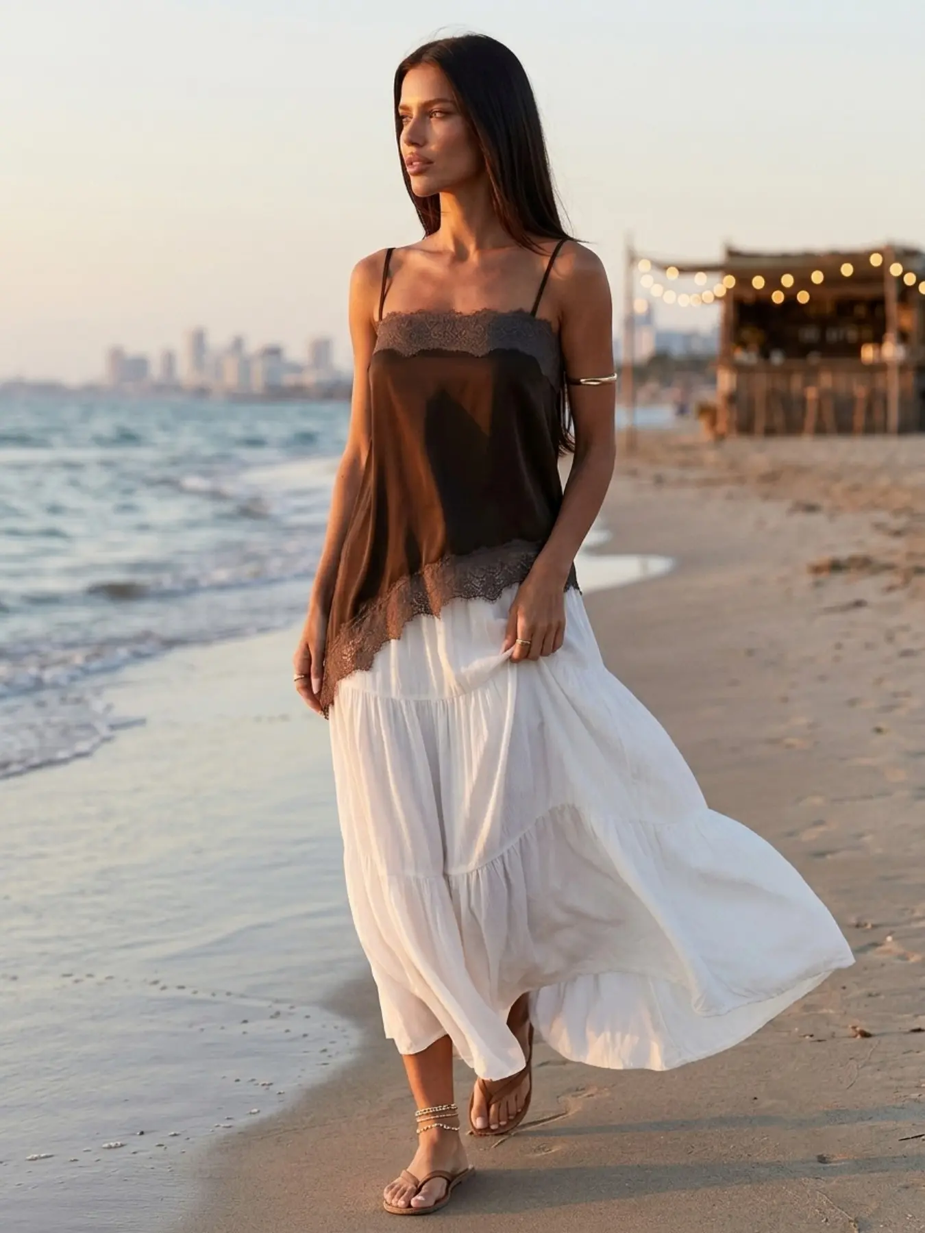 Lace Satin Tank Top, Asymmetrical Straps, Sexy Date Night Top, Women's Clubwear, Girls' Evening, Y2K Style, Loose-Fitting