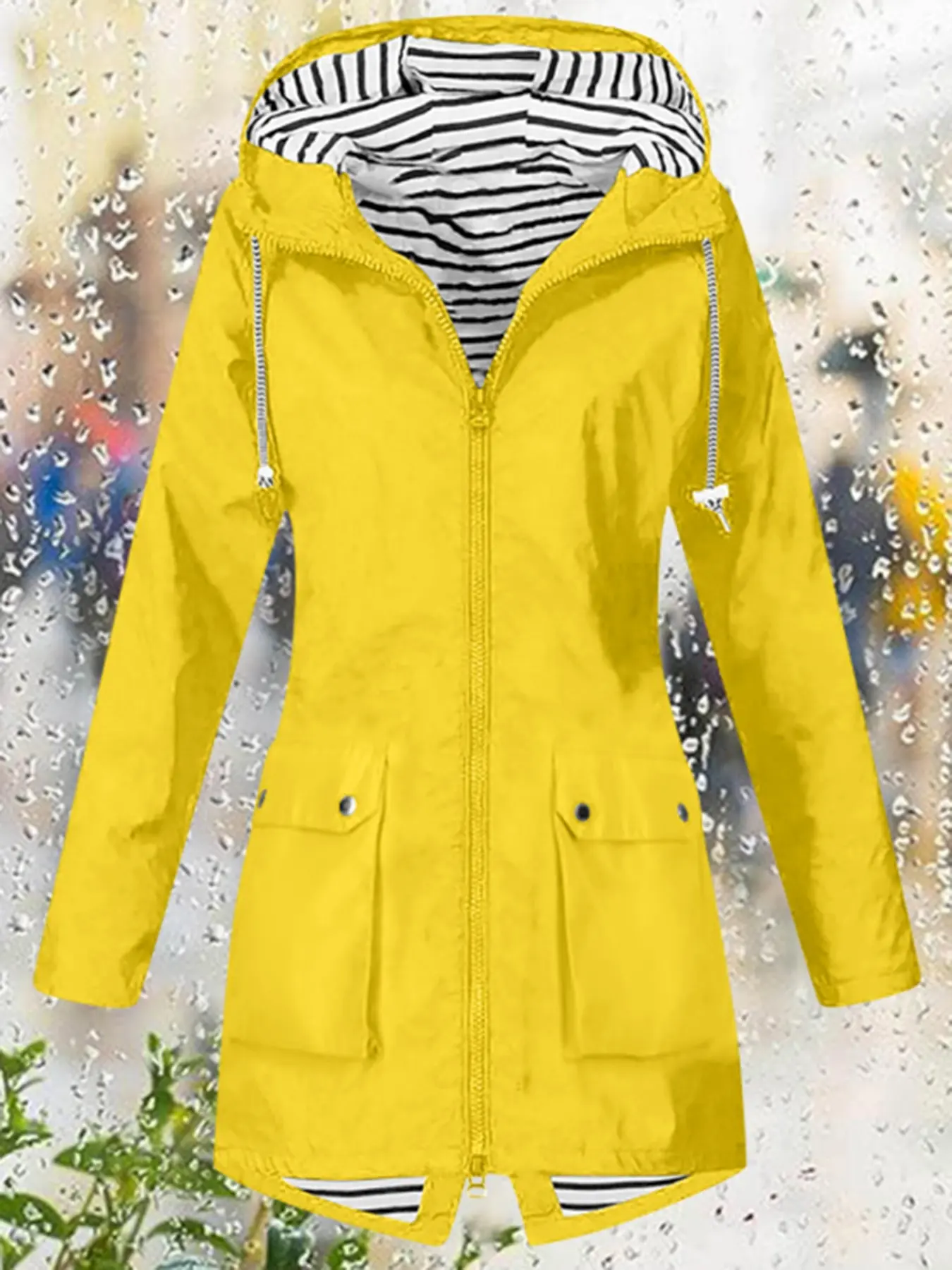 Women Striped Lined Hooded Rain Jacket Drawstring Adjustable Hood Zip Up Mid Length Windbreaker With Flap Pockets Lightweight Outdoor Travel Walking Casual Water Resistant Outerwear Coat