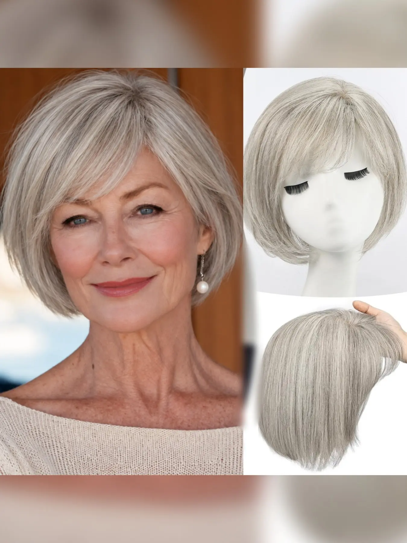 Short 6.5*6.5inch Large Base Hair Pieces, Silver Human Hair Toppers, 10 Inch Toppers for Women, Multiple Non-Slip Clips