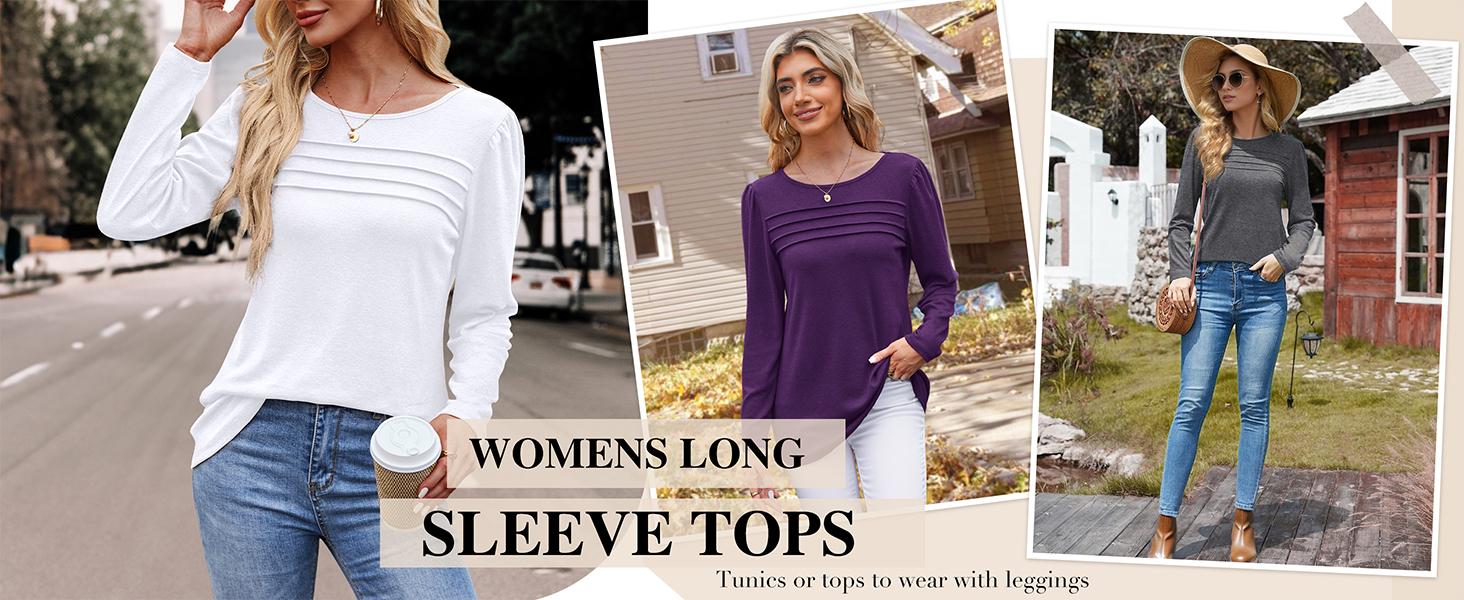 WIHOLL Long Sleeve Shirts for Women Fall Fashion 2025 Dressy Casual Blouses Trendy Pleated Tunic Tops for Leggings