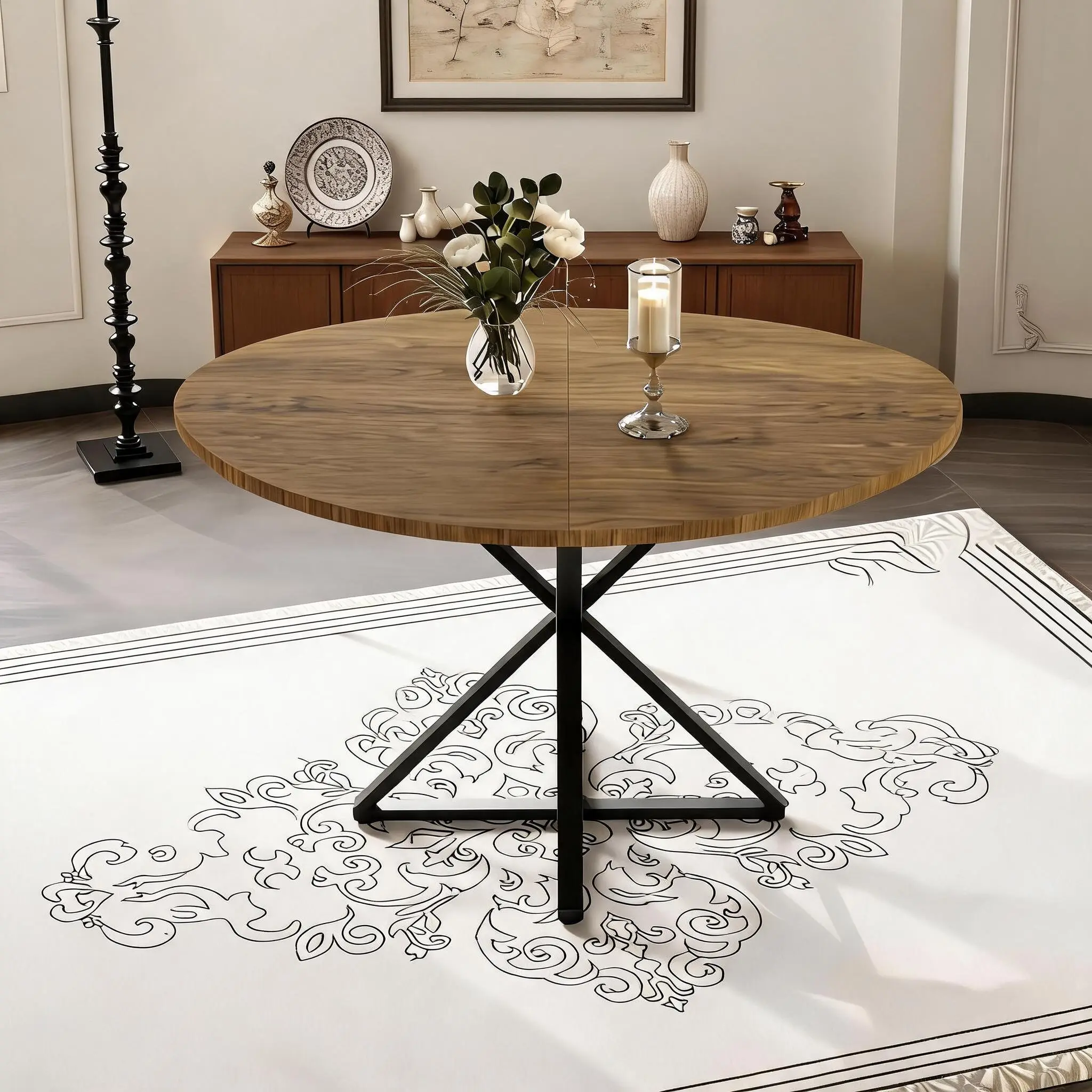 Space-Saving Round Dining Table for 4-6 – Farmhouse Wooden Table with Pedestal Base – Modern Circle Table, Perfect for Small Spaces, Apartments, or Breakfast Nooks – 47 Inch