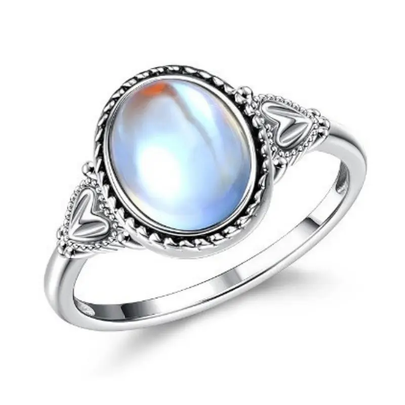 Mystic Moonstone Ring for Women, Vintage Silver Tone Oval Gemstone Ring, Elegant Heart Detail Jewelry, Unique Gift for Her