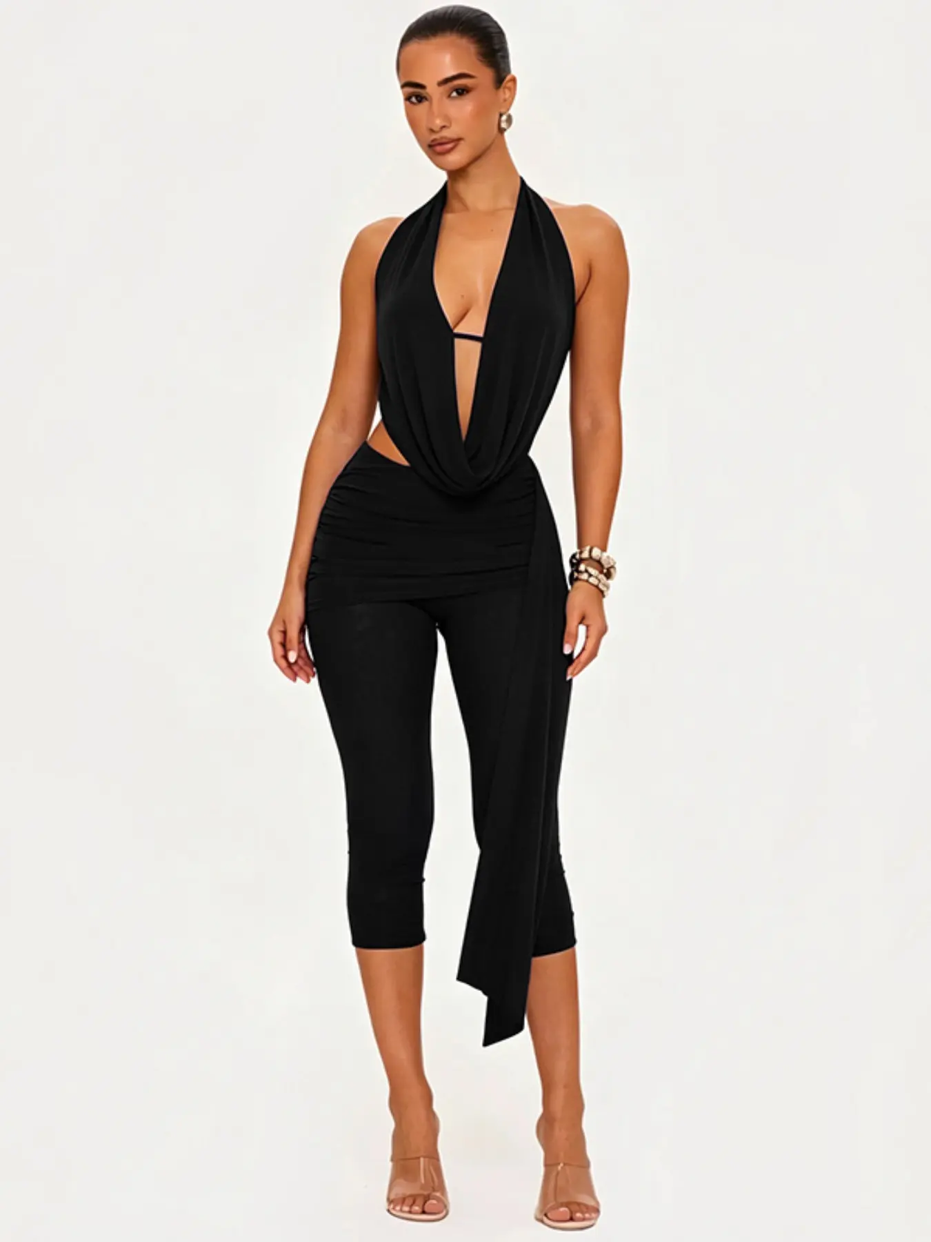 Hot Girls Style Casual Two-Piece Set, Halter Neck Backless Vest + Seven-Quarter Pants, Slim-Fitting, Minimalist Plain Design, Suitable for Any Occasion, Sleeveless Matching Sets, Sleeveless Clothes Set