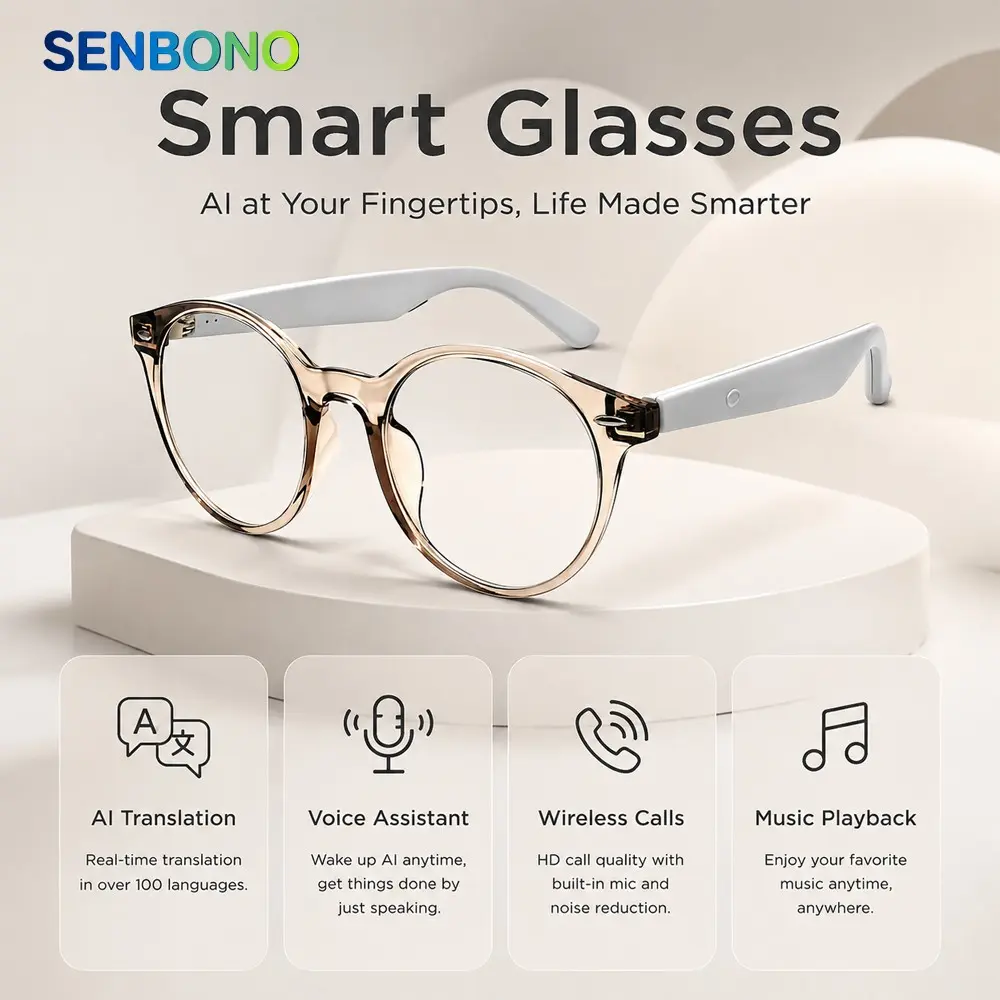 SENBONO Smart Wireless Audio Glasses Ai Translation, Unisex, Office, Driving, Travel, Music Playback, Hands-Free Call, Voice Assistant, Android iOS Compatible