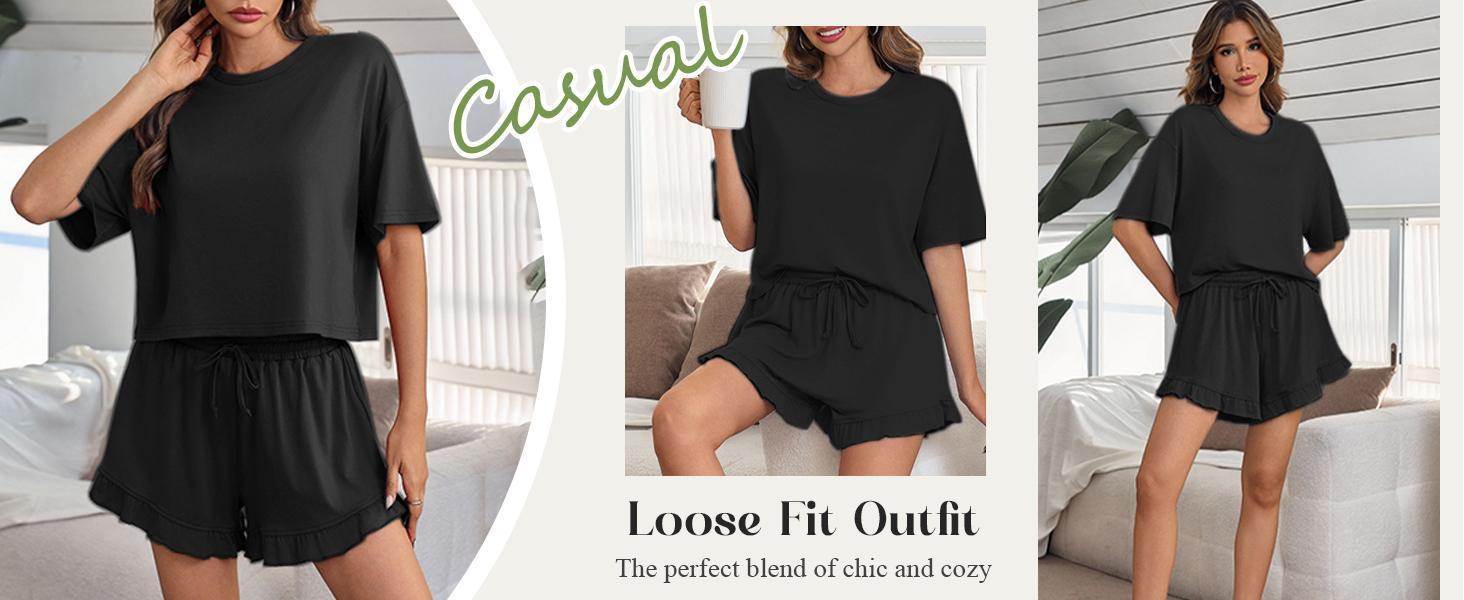 Imily Bela Womens Pajamas Set Lounge Sets Cropped Short Sleeve T Shirts Drawstring Ruffle Shorts Soft Sleepwear SpringStatements Imily Bela Womens Pajamas Set Lounge Sets Cropped Short Sleeve T Shirts Drawstring Ruffle Shorts Soft Sleepwear SpringStatements