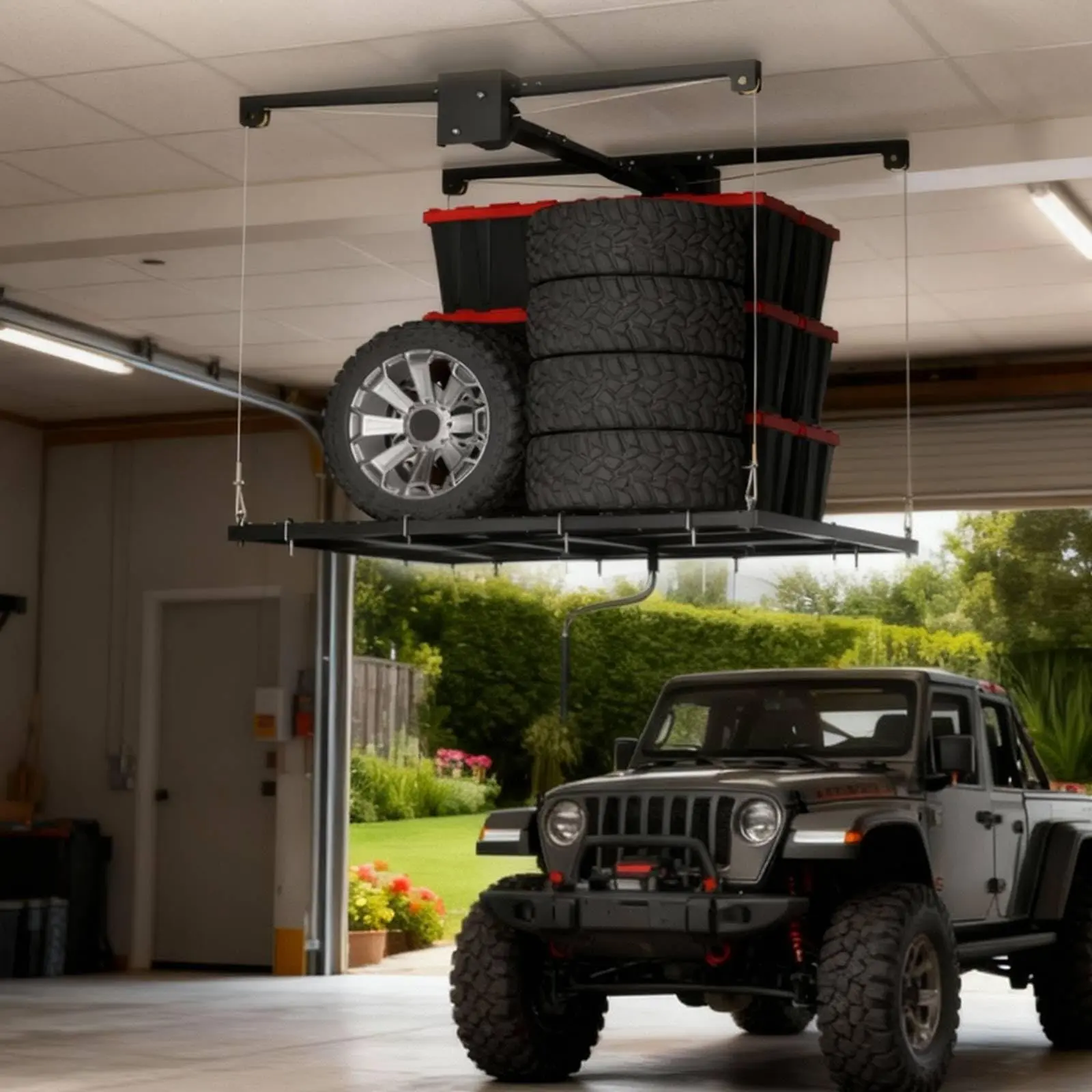 Heavy-Duty Overhead Garage Storage Rack 4x4ft, Adjustable Ceiling Organizer with Smooth Crank Lift, 350 lb Capacity, Ideal for Space Saving Garage Cargo Management ﻿