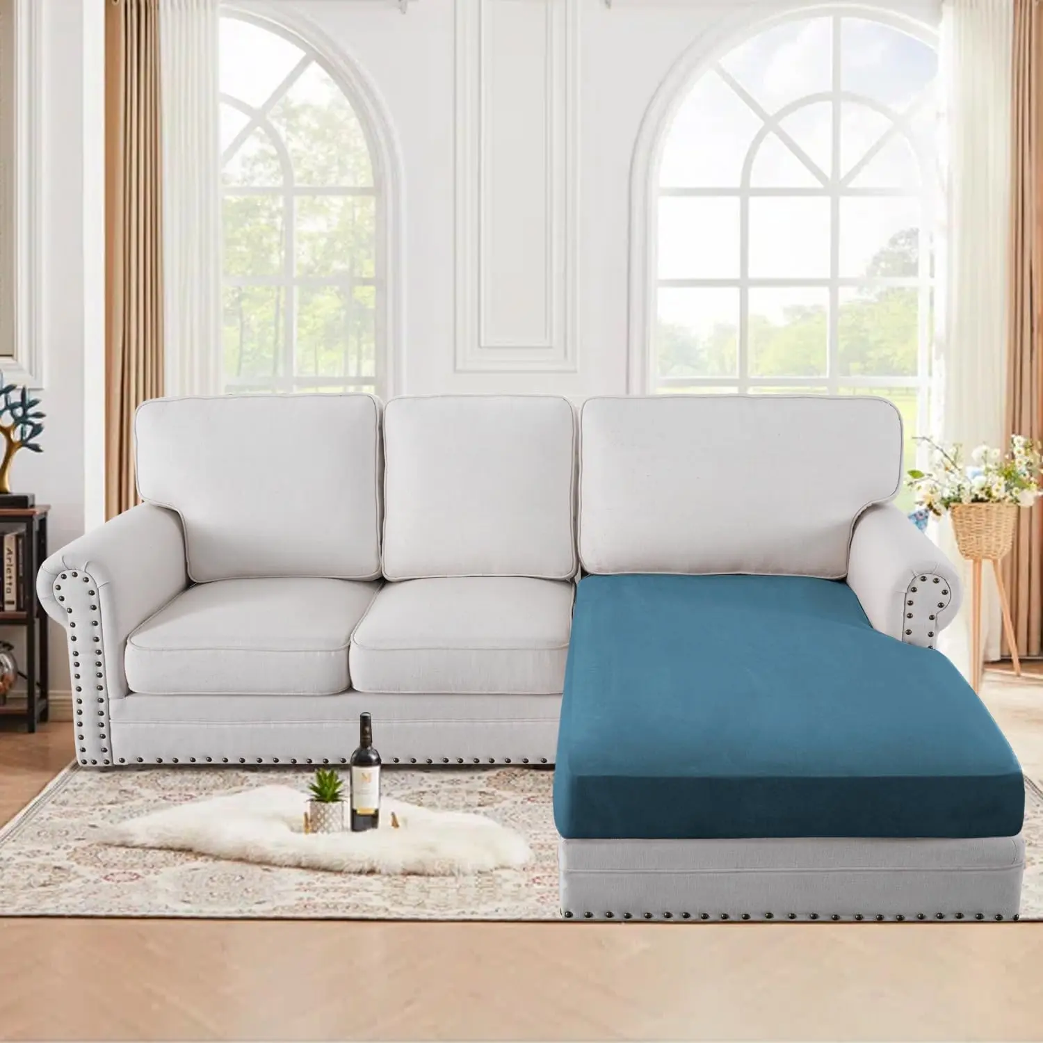 Suede Stretch Individual Chaise Cushion Cover  Sectional Couch Covers L Shape Sofa Both Left/Right Soft Couch Seat Covers for Pets Washable( Chaise Cover, Stone Blue)