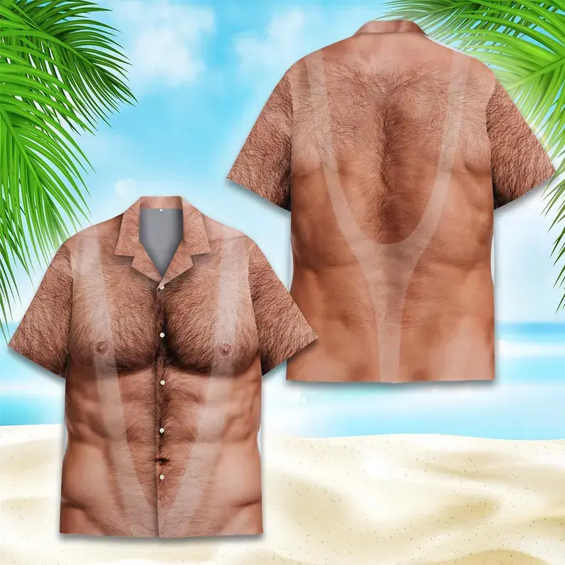 Novelty Hairy Chest Fake Muscle Hawaiian Shirt, Funny 3D Body Illusion Print Short Sleeve Aloha Top for Men, Summer Beach Party Gag Gift Shirt#TikTokMadeMeBuyIt#FunnyMuscleShirt#IllusionHawaiianShirt#BeachPartyGagGift