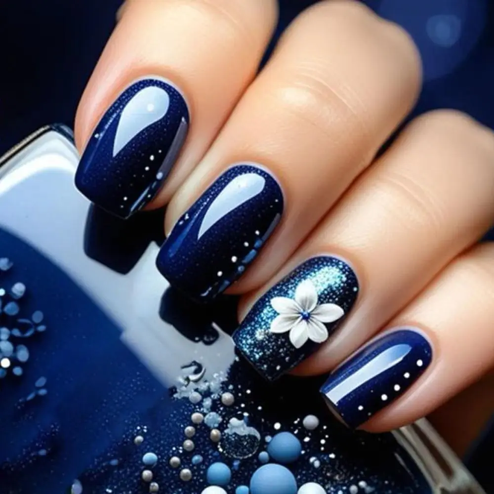 24Pcs Short Square Dark Blue 3D Floral Press On Nails, Reusable Removable Acrylic Fake Nail Tips, Elegant 3D Flower Design Luxury False Nails for Women Daily & Party DIY Salon Manicure