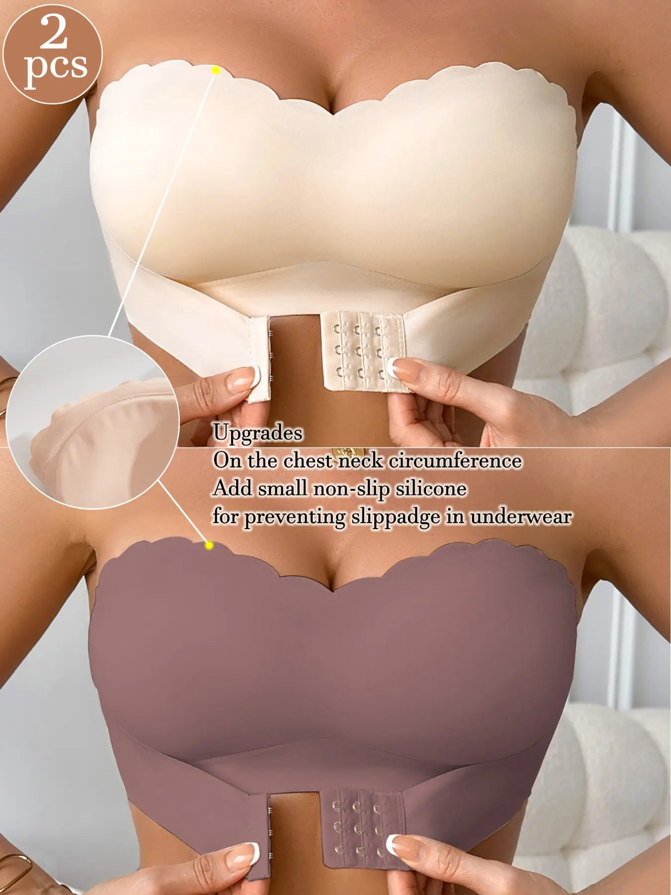 2-Pack Women's Casual Strapless Bras, Front Buckle Design, Non-Wire Comfort, Ruffled Trim, Breathable Lightweight Lining, Seamless Daily Wear