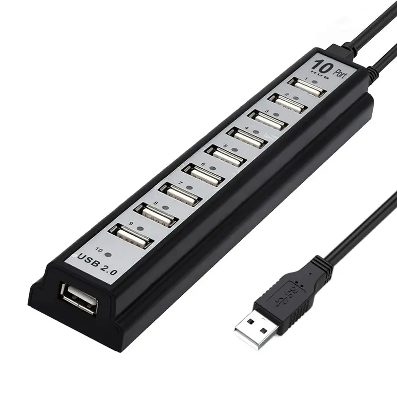 Bestselling 5v1a Power Data Transfer 10 Port USB 2.0 External HUB, 10-In-1 USB Splitter, Abs Material, Suitable for PC and Laptops