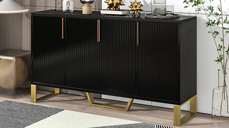 [Bellemave]TREXM Modern sideboard with Four Doors, Metal handles & Legs and Adjustable Shelves Kitchen Cabinet (Black)