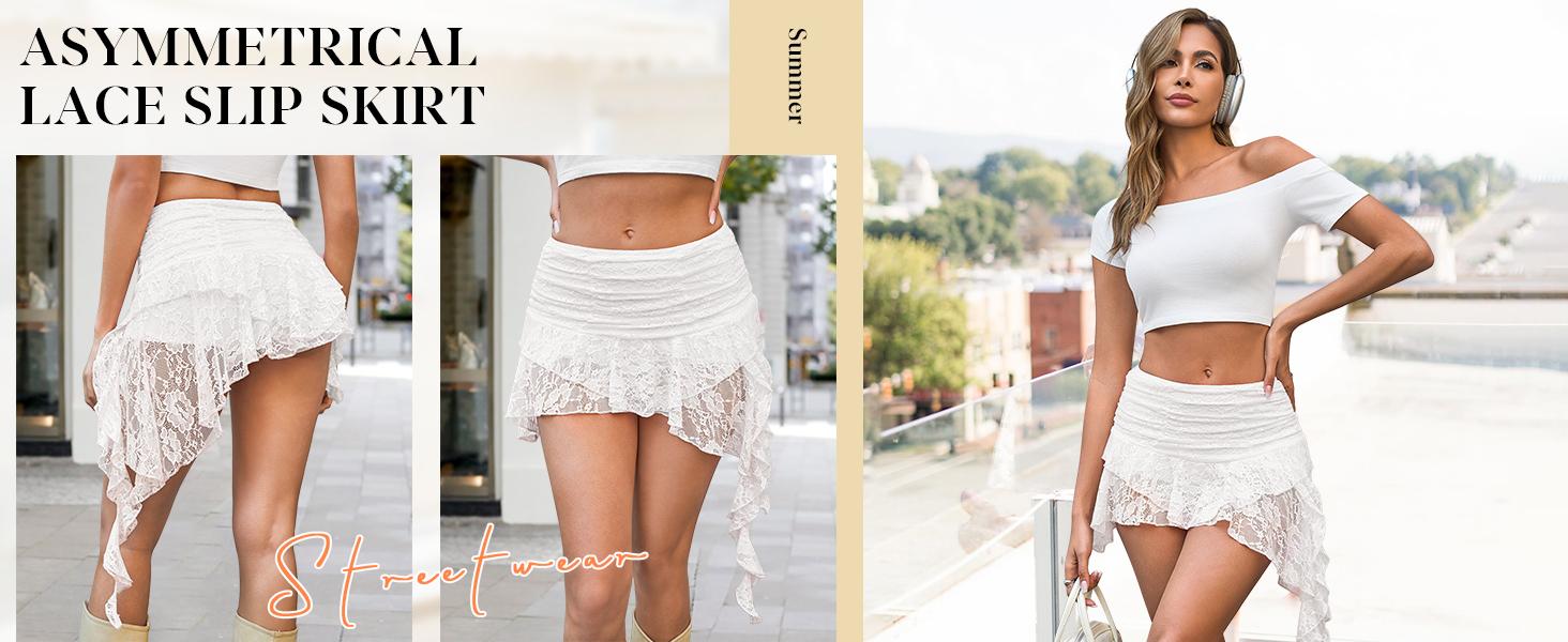 Women Y2K Lace Mini Skirt Low Rise Pleated Ruffle Short Layered Flowy Asymmetrical Fairy Half Slip Soft Breathable Stretchy Comfortable