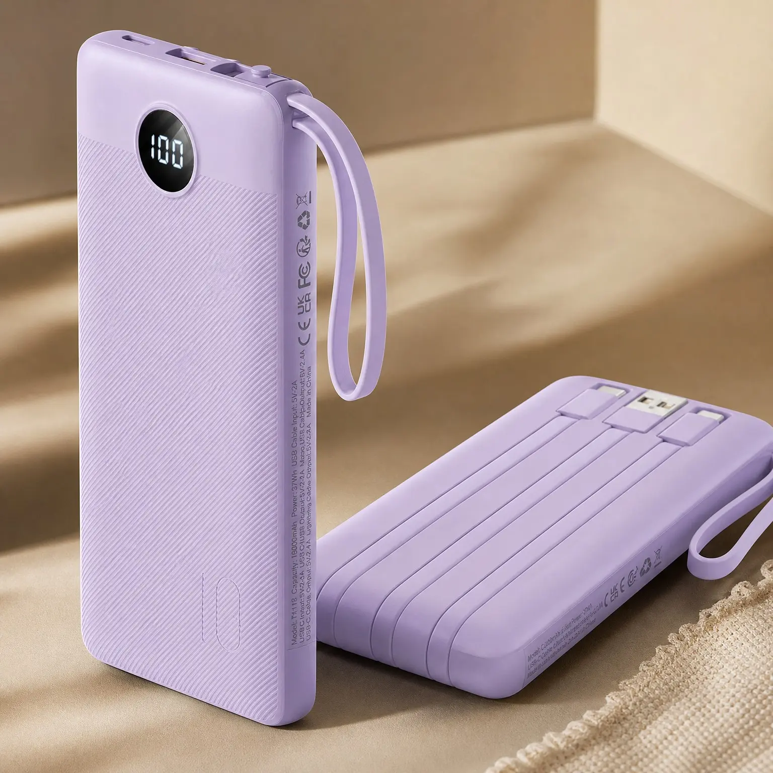 Portable Charger with Built-in 4 Cables, 10000mAh Power Bank, 5 Outputs 2 Inputs Slim Travel Essential, Lavender (1 Pack)Gift