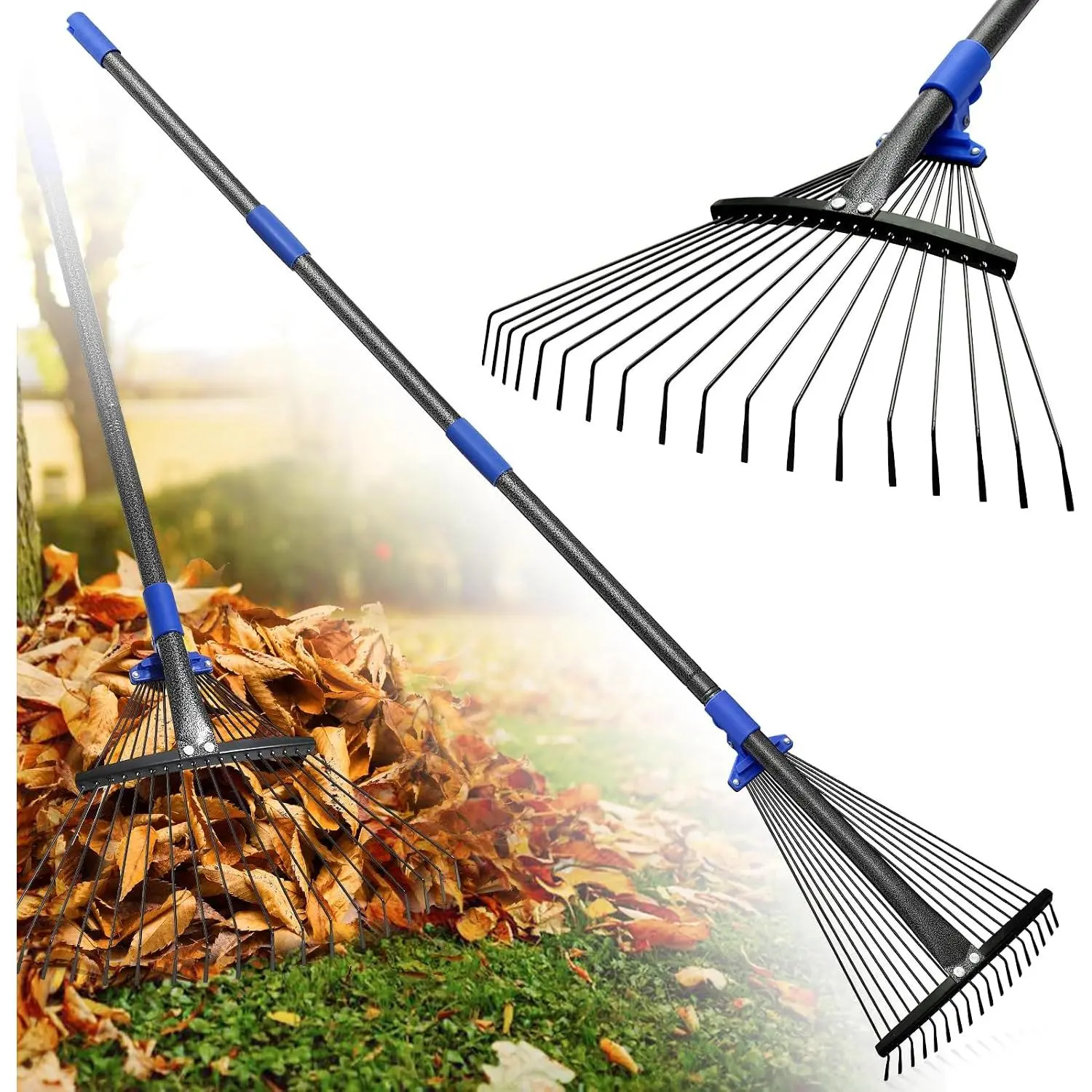Rake for Leaves: Adjustable Metal Leaf Rake for Lawn, 8-17" Expandable , 45” Long Handle,Collapsible Heavy Duty Women  Garden Rakes for Yard Pine  Mulch Grass Debris Gardening Camping