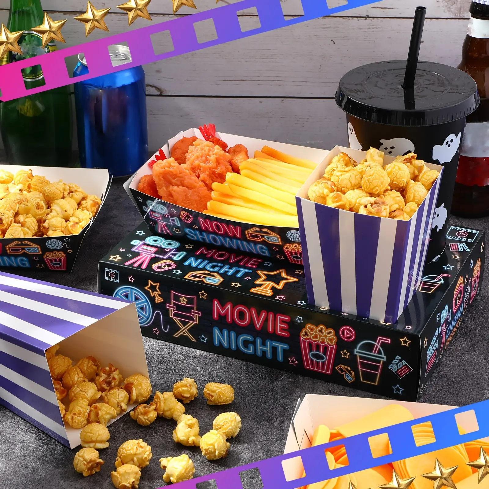 108pcs/ 36 Sets Movie Night Snack Trays Popcorn Boxes Cardboard Popcorn Buckets Containers Food Trays for Theater Party Decorations(Neon Movie Night)