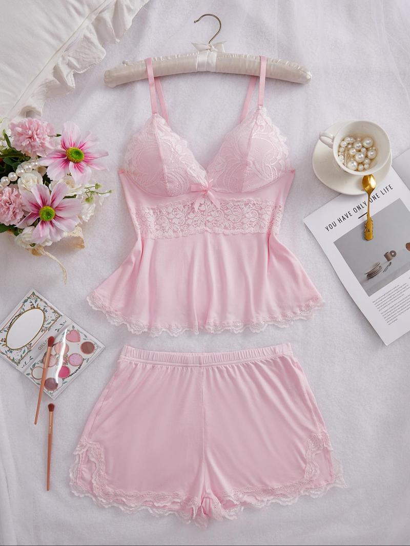 Women's Solid Color Lace Trim Cami Top & Shorts Pyjama Two-piece Set, Casual Comfy Camisole & Shorts Lingerie Set, Women's Sleepwear for All Seasons
