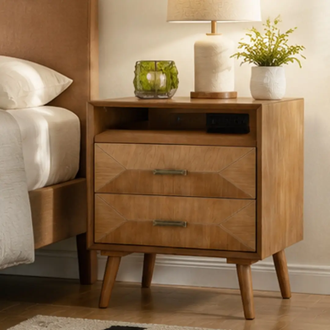 ARCH 24" Nightstand with Charging Station, Wood Bedside Table with 2 Drawers, Open Shelf, USB/Type-C Ports, AC Outlets, Mid Century Modern, Solid Wood+MDF, Light Oak, for Bedroom Living Room, Light Oak Color Options, Solid Wood+MDF Material, 24" W X 24" D