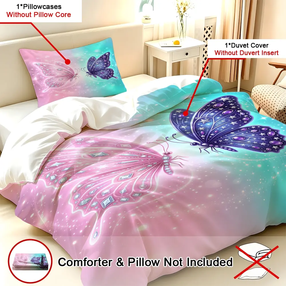 2/3pcs duvet cover set (Duvet insert and pillow inserts not included.) - Gradient Glitter Butterfly Printed Comfy Bedding Set, HD Digital Printing, Fade-resistant, Soft & Comfortable Polyester Fabric, Ideal for Dormitory, Bedroom, Hotel, All Season Use, H