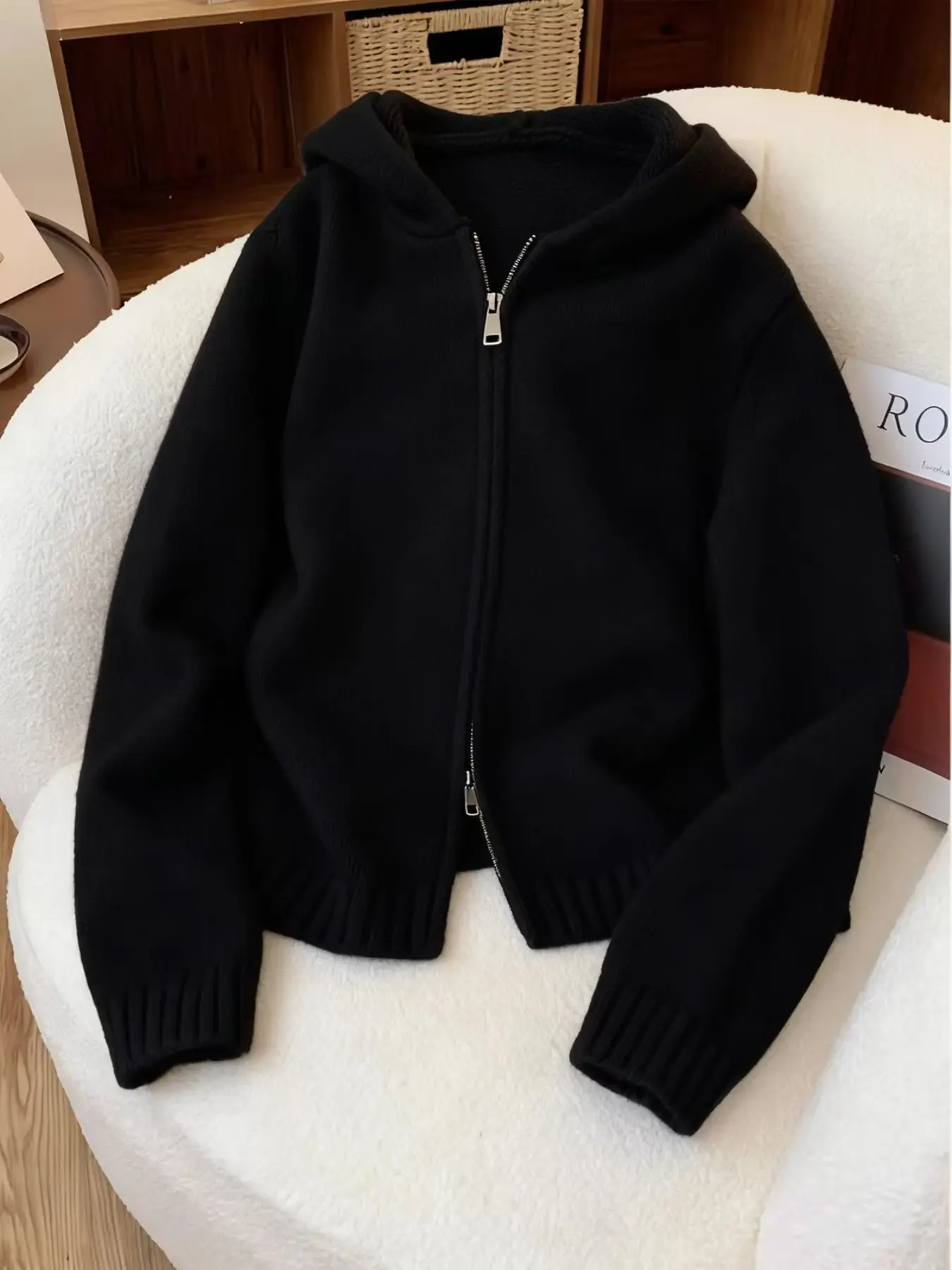 Women's Lazy Style Dual Zipper Hooded Knit Jacket, Solid Color Soft Sweater Cardigan, Commuter Slim Fit Versatile Hat Shirt