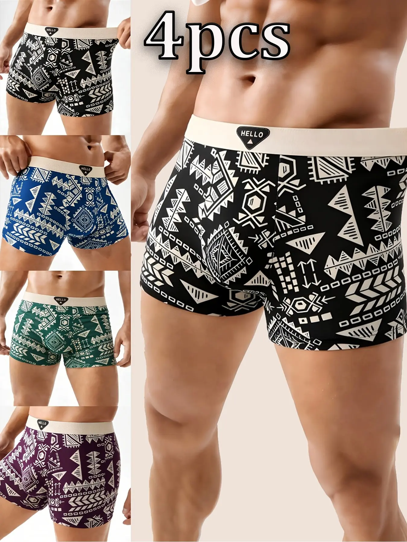 4 Pcs Men's Quick-Dry Polyester Boxer Briefs, Geometric Printed High-Stretch Sport Underwear, Breathable Wide Waistband Panties