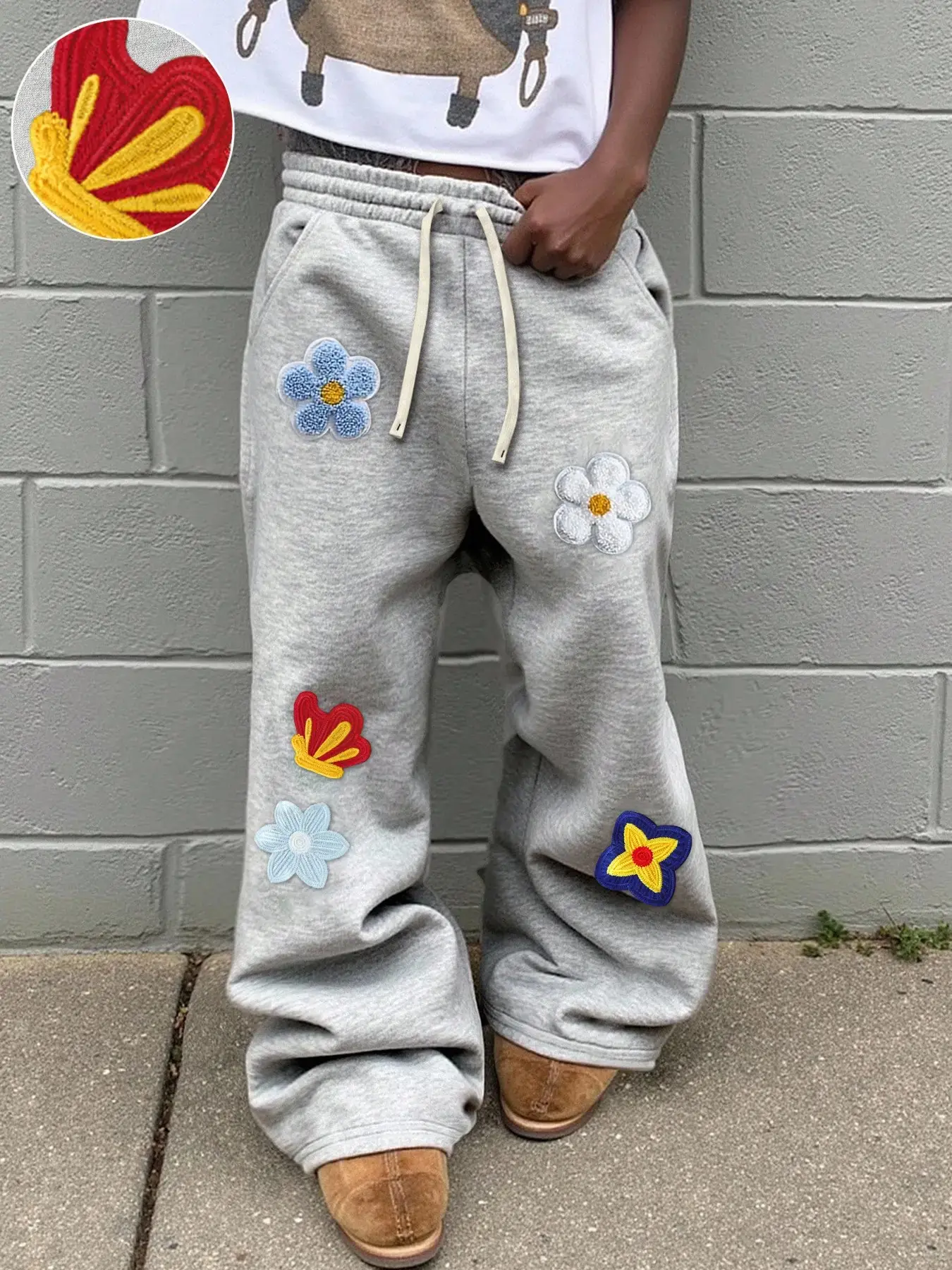 Light Baggy Oversized Wide-Leg Sweatpants, Casual Long Pants, Elastic Drawstring Waist, Colorful Floral Embroidery, Loose Fit, Casual All-Season Wear