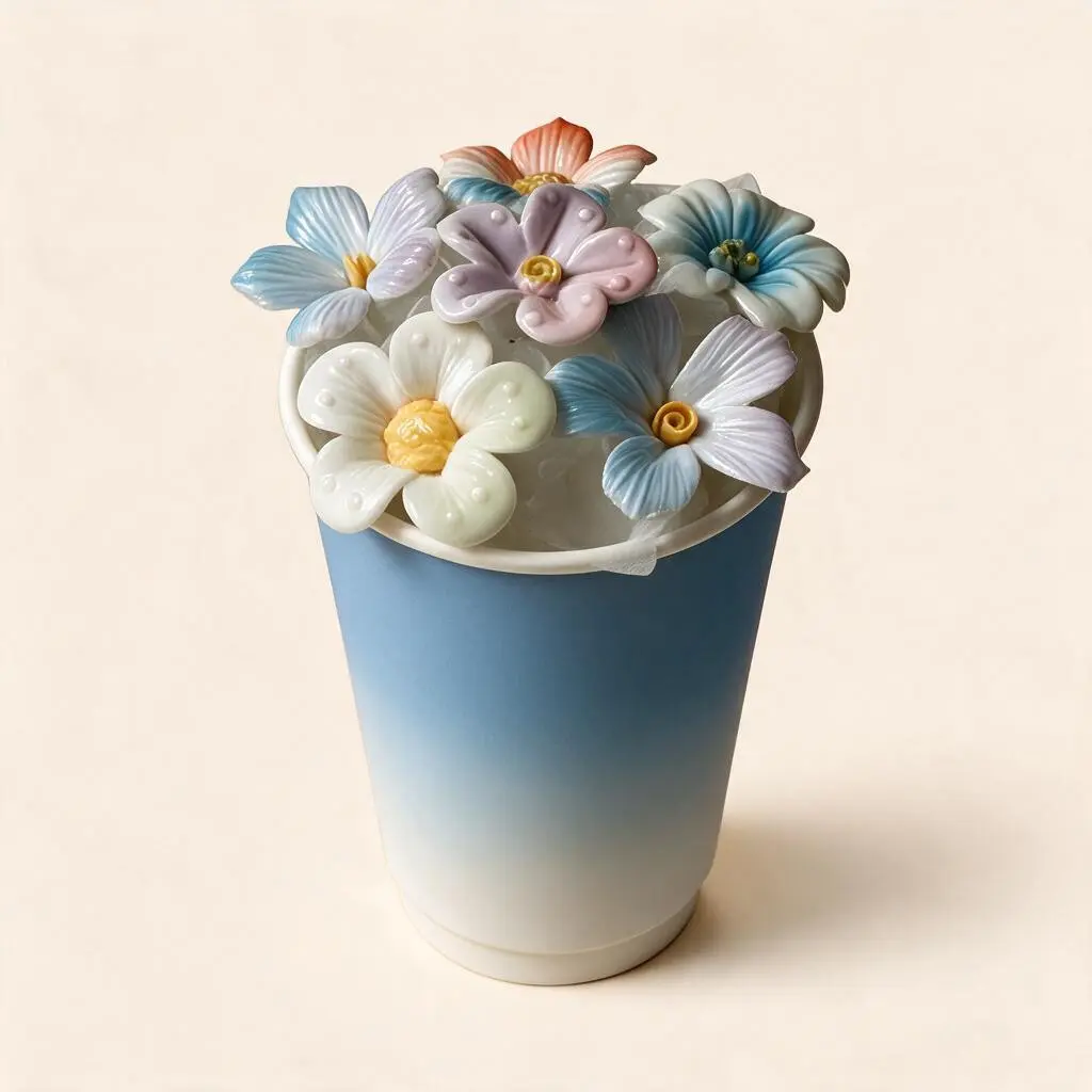 One Piece Handmade Jingdezhen Ceramic Flower Arrangement, Gradient Blue Milk Tea Cup Preserved Flowers, Table Decor, Unique Gift for Women's Birthday