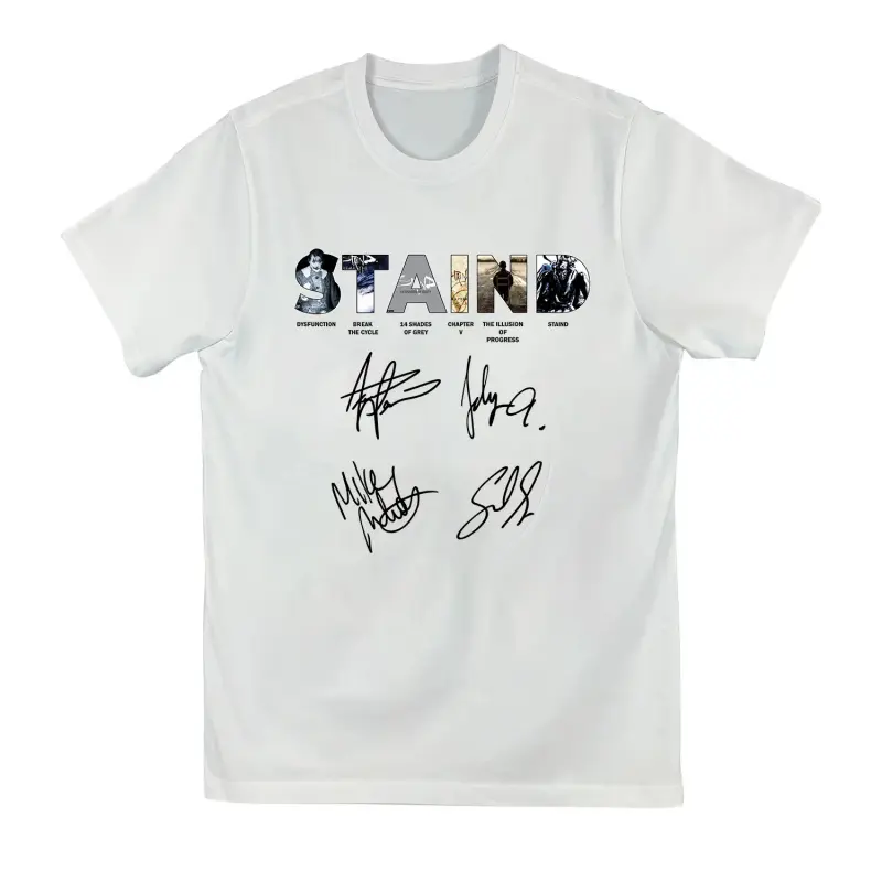 Staind Rock Band Graphic T-Shirt, Unisex Casual Short Sleeve Concert Merch, Comfortable Cotton Fabric Top with Album Collage Back Print
