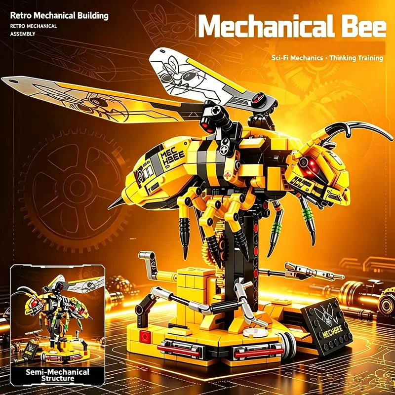 Super Cool! Cyberpunk Style Simulated Mechanical Bee Building Blocks 。Packed with futuristic tech vibes. Stress‑relief building toy set, stylish desktop home decor, collectible‑grade gift.