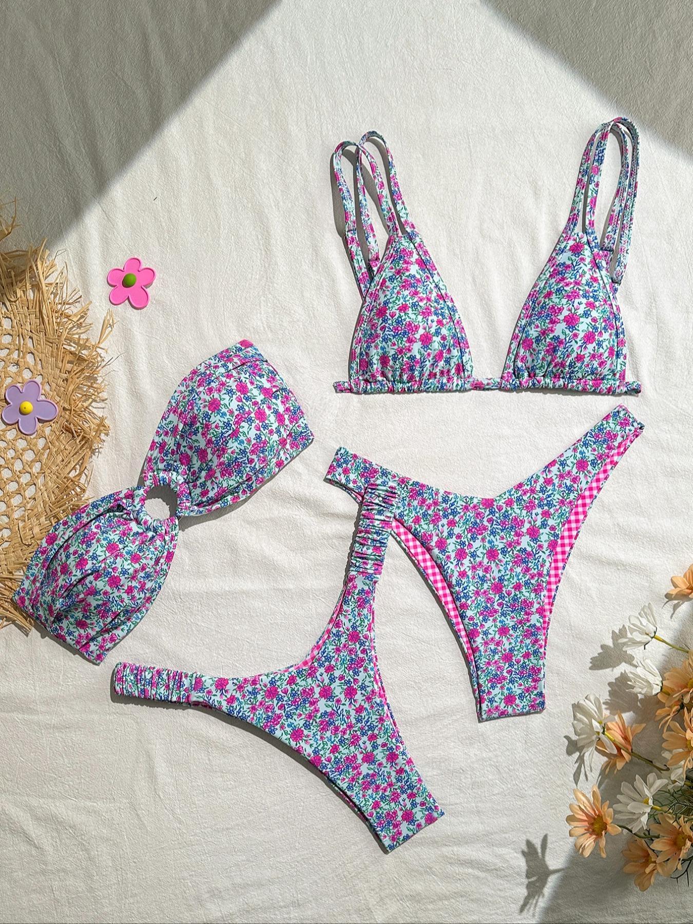 Women's Ditsy Floral Print Brazilian Swimsuits, Boho Fashion Ruched O-ring Tube Swim Bra & Swim Floral Bikini Top & High Cut Swim Floral Bikini Bottom Set, Ladies Swimsuit for Beach Holiday Vacation, Bikinis Sets, Bandeau Bathing Suit