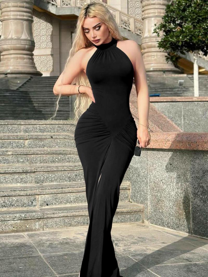 Women's Solid Ruched Halter Neck Bodycon Dress, Elegant Fashion Sleeveless Split Hem Dress for Party Club Dating Wear, Women Dress for Summer, Bodycon Side Slit
