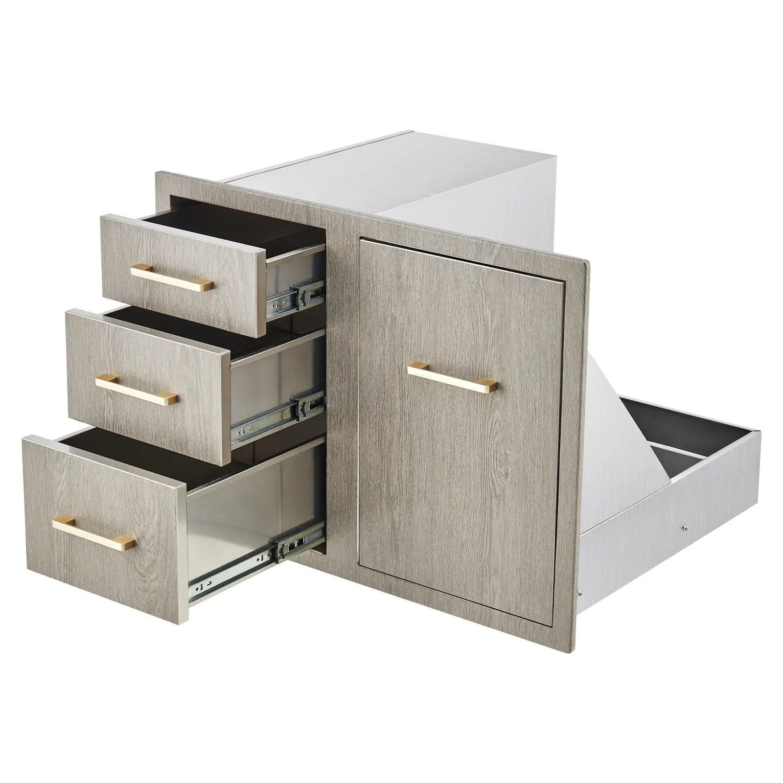 38.2" Flush Mount Stainless Steel Outdoor Kitchen Triple Drawer Cabinet - Access Door, Propane Tank Storage, Trash Ring for BBQ Island Grill Station BBQ Setup
