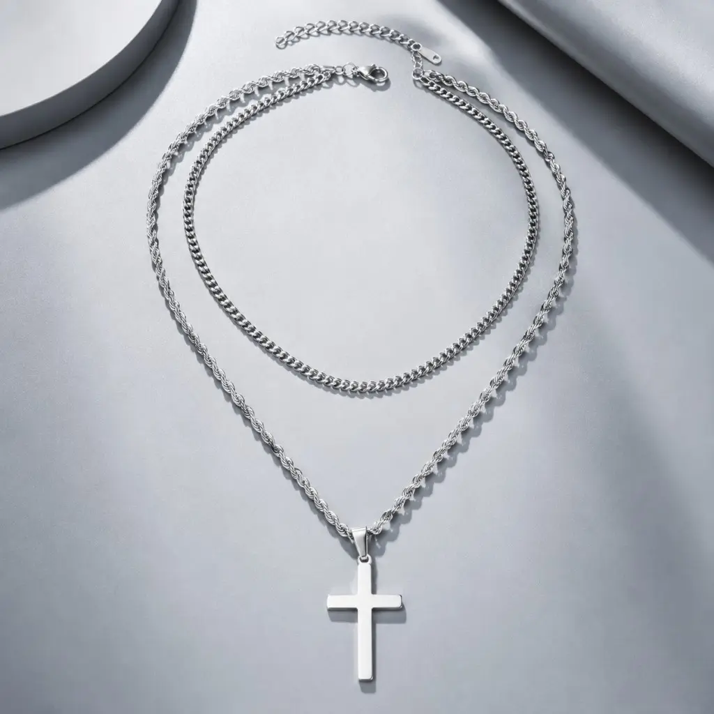 Men's Stainless Steel Double Layer Cross Necklace stack - Adjustable 45cm & 48cm Independent Cuban Link Chains, High Polish Tarnish-Resistant Daily Wear Jewelry, Ideal Gift for Men for Birthday Anniversary