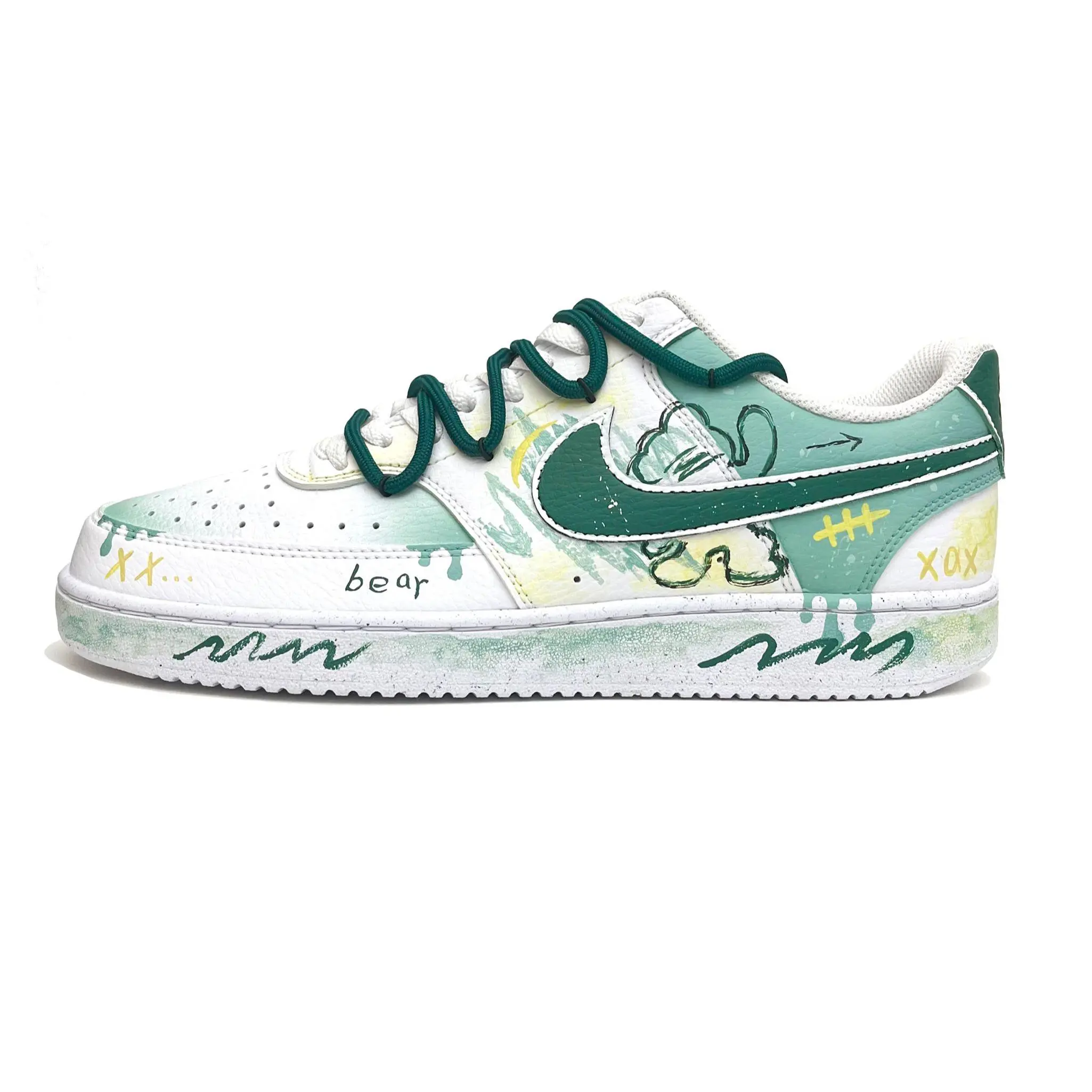 Nike Court Vision 1 Men's Custom Sneakers: Graffiti, Bear Motif, Fluid Gradient, Cushioned and Durable Low-Top Verifiable, with credentials and supporting global authentication