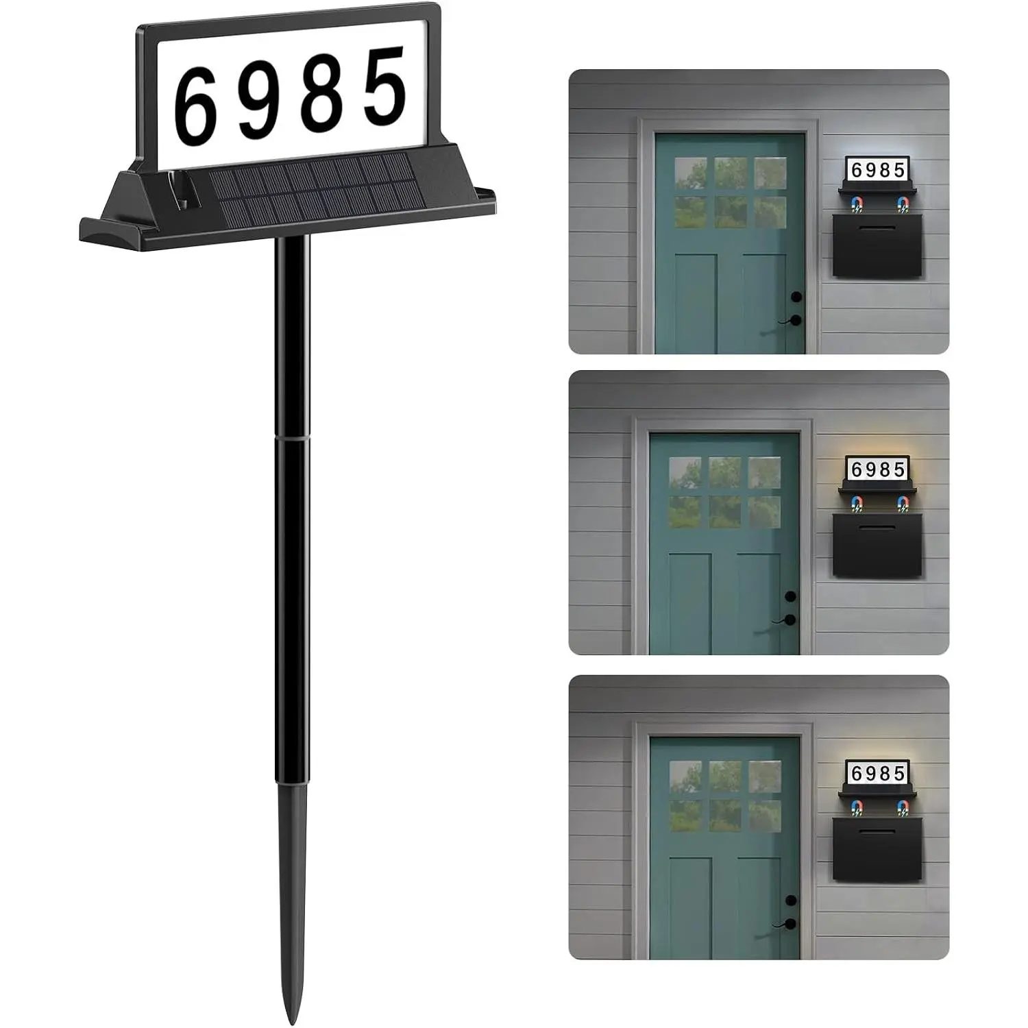 Solar Address Sign Decor for House Numbers - Magnetic/Stake/Wall Mount, Dual-Sided LEDs & Solar Panels, 3 Color Modes, IP65 Waterproof, Dusk-to-Dawn Function