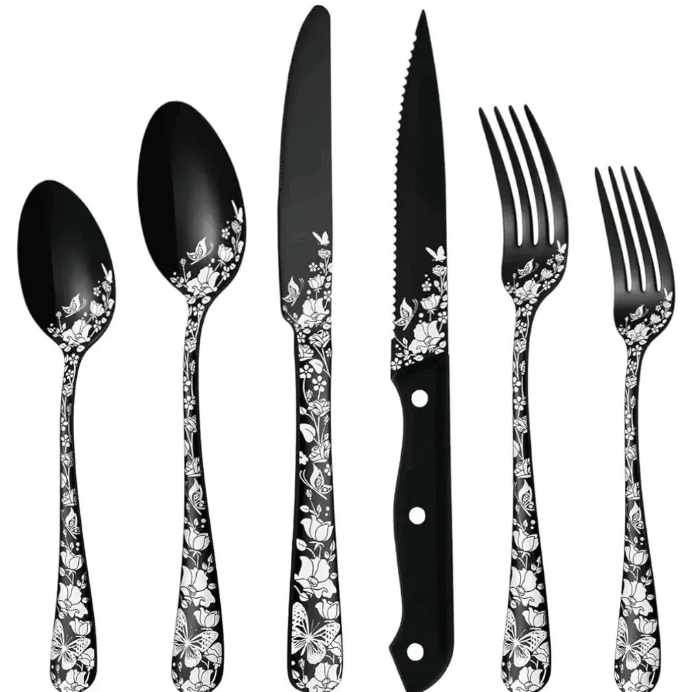 Black Butterfly Floral 24-Piece Heavy-Duty Sturdy Stainless Steel Cutlery Set for 4 Adults & 1 Child - Includes Steak Knives, Forks, Spoons, Curved Handles, Mirror-Polished, Dishwasher-Safe, Casual Home Tableware for Buffet, Camping