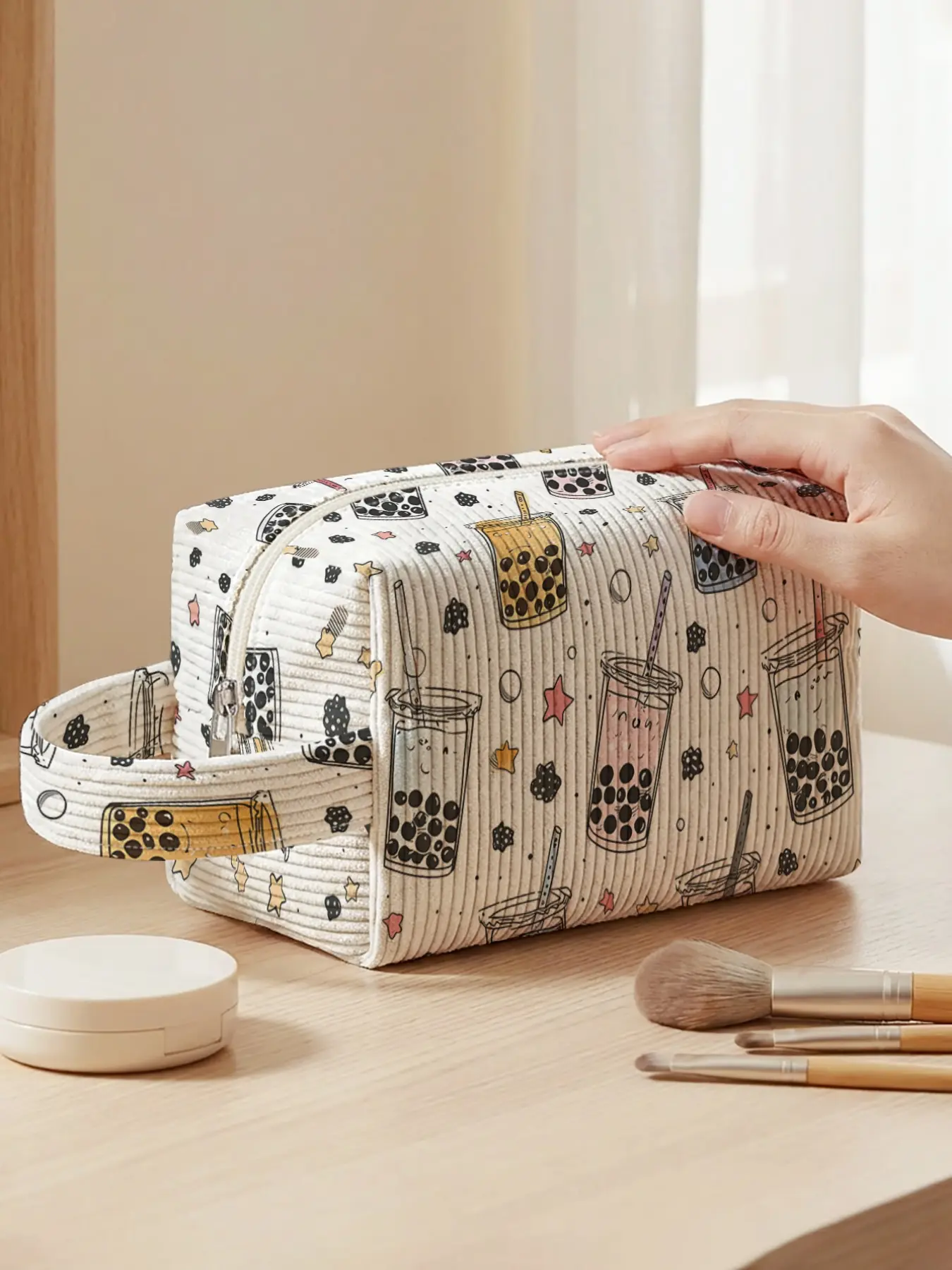 1pc, makeup bag Milk tea 2D printed pattern Linen fabric handbag for makeup, reinforced handle + smooth zipper | Stores makeup / toiletries | Versatile for daily outings