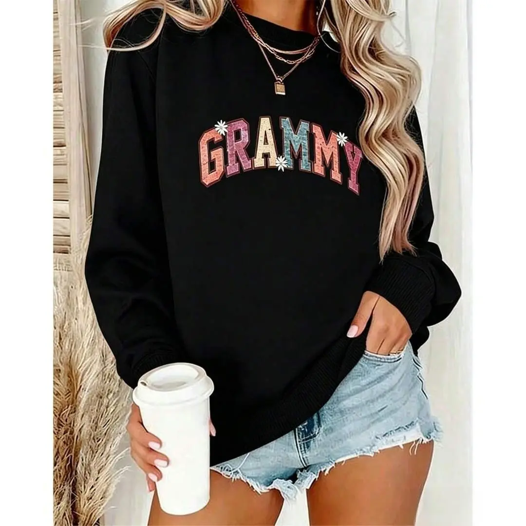 Women's Round Neck Casual Sweatshirt, 'GRAMMY' Colorful Flower Letter Print, Family Style - Casual Crew Neck Sweatshirt - Printed Top
