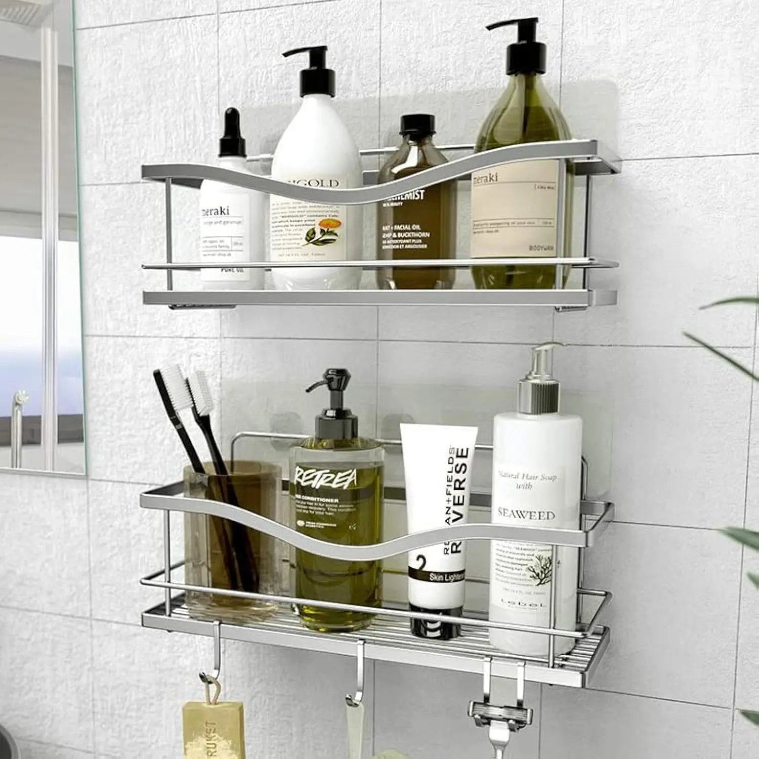 Shower, Self Wall Shower Organizer, 2-Pack No Shelves, Rustproof Stainless Shampoo Holder, Rack, Silver