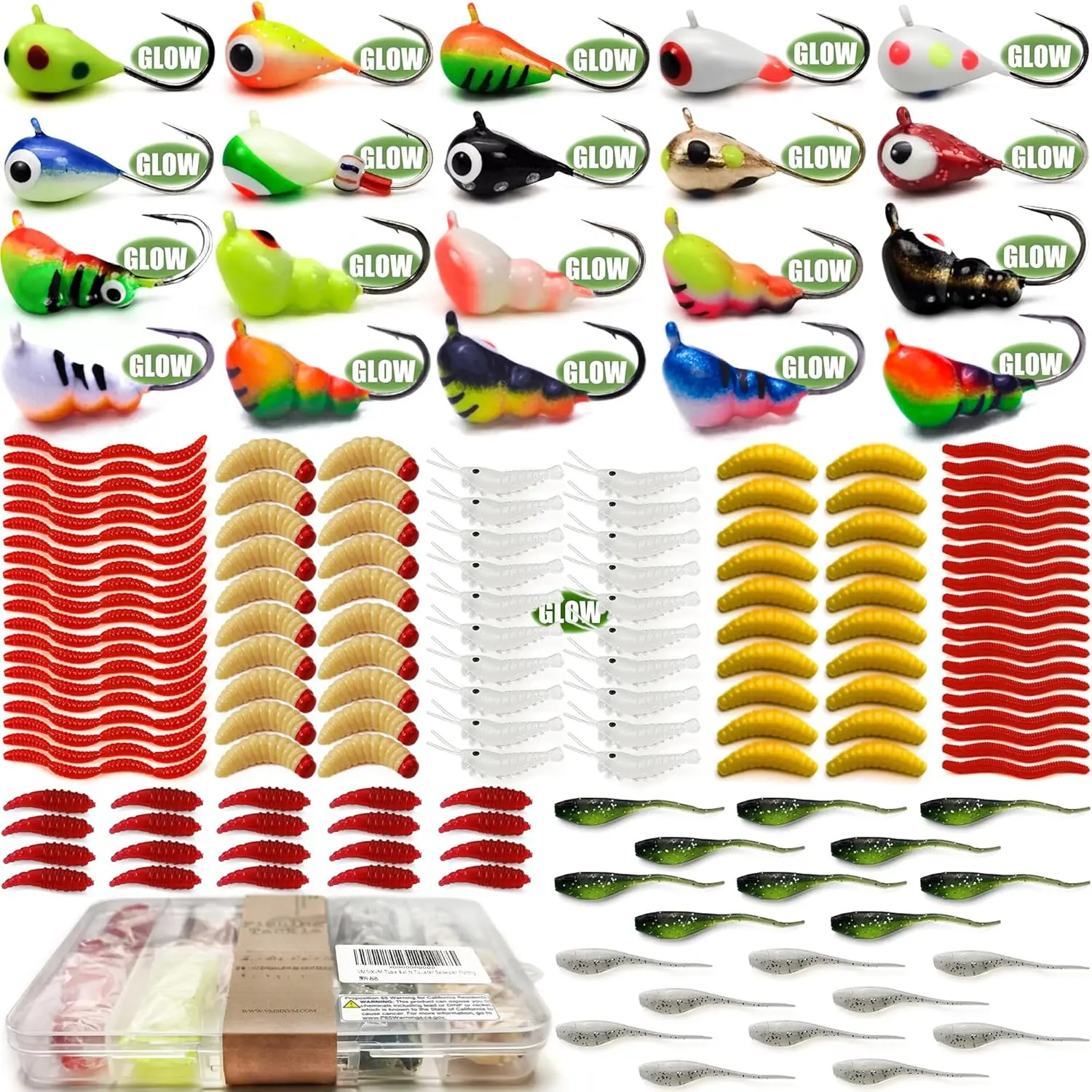 160Pcs Tungsten Ice Fishing Jigs Lures Soft Plastic Worm Baits Kit, Micro Glow Tungsten Winter Jig Heads Hooks  Walleye Crappie Panfish Trout, Ice Fishing Gear Equipment Tackle Accessories