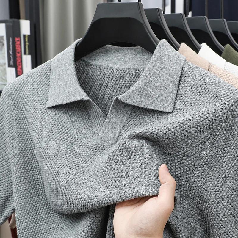 Kyn Apparel New Summer Seagull Collar Pineapple Knit Short Sleeve T-Shirt, Fashion Men's V-Neck Polo Shirt